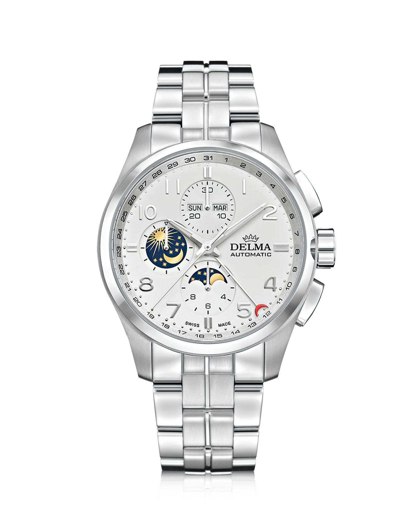 DELMA Klondike Moonphase stainless steel watch with white dial