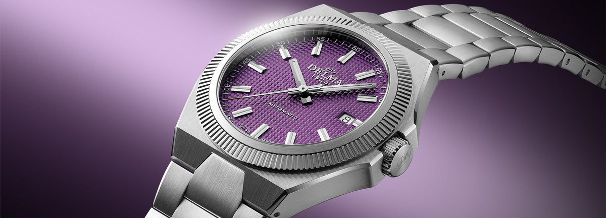 DELMA Midland Automatic 40 mm stainless steel watch with purple dial close up