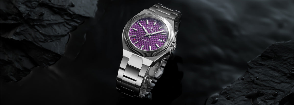 DELMA Midland Automatic 40 mm stainless steel watch with purple dial in context