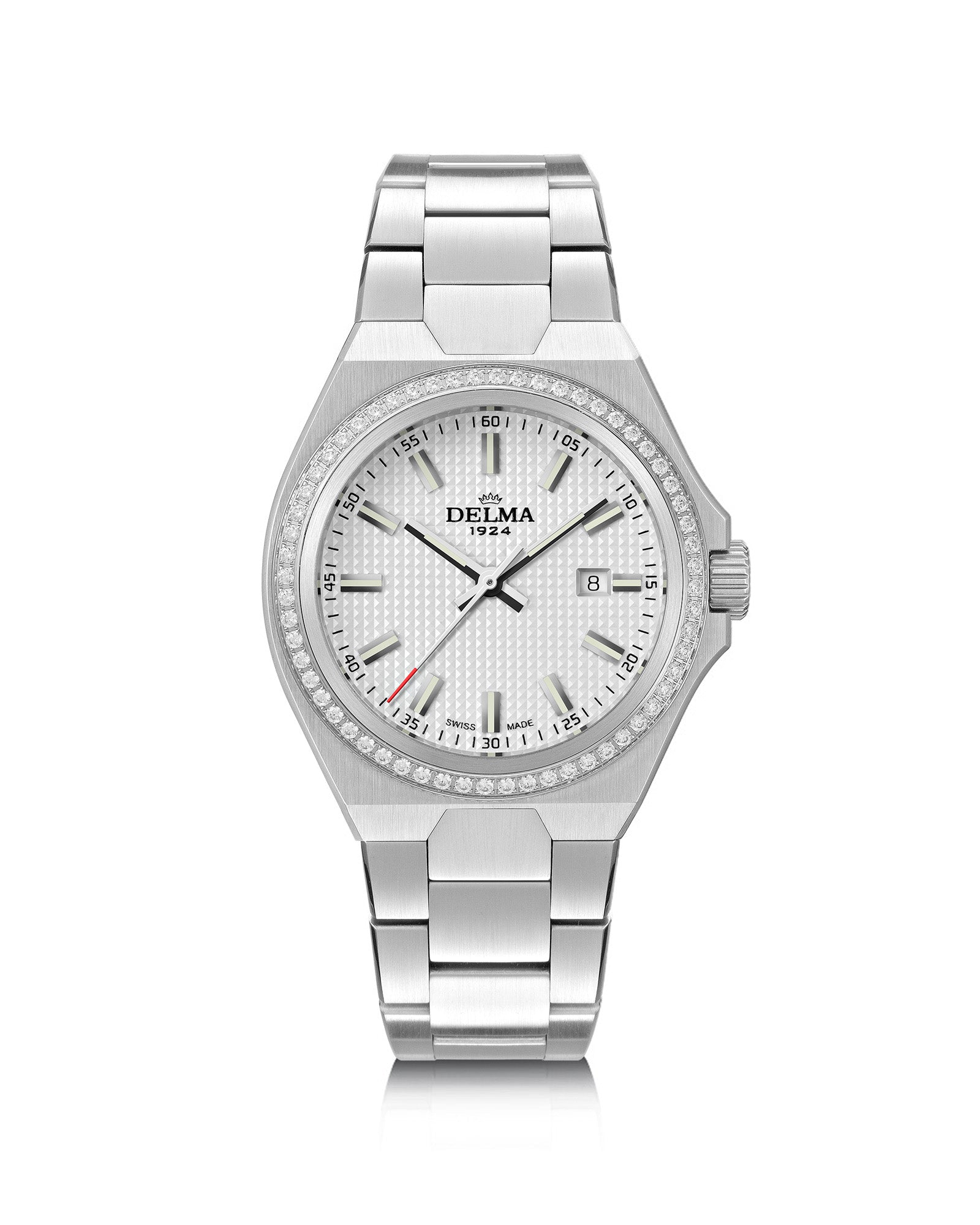 DELMA Midland 34 mm stainless steel watch with silver dial and diamond bezel