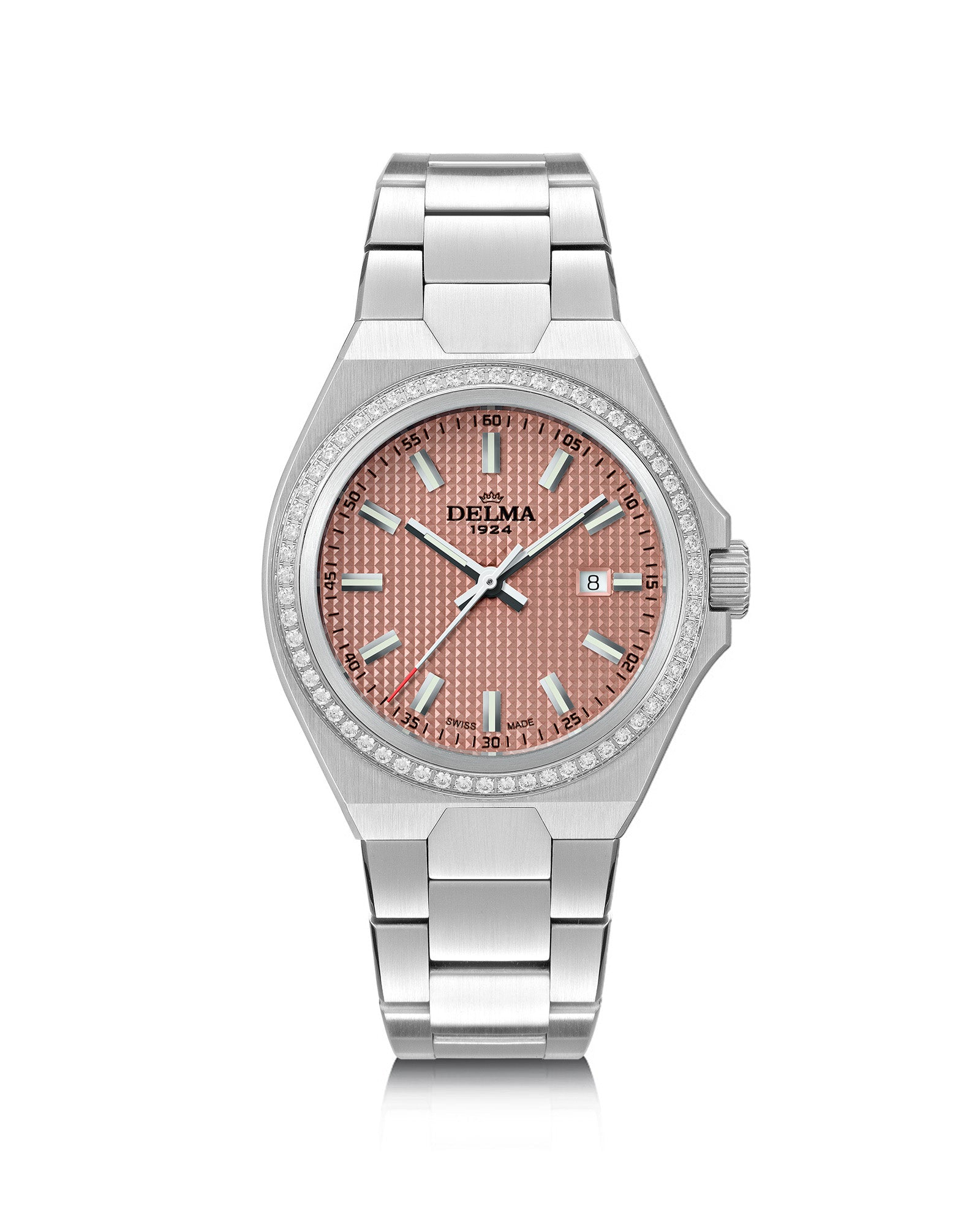 DELMA Midland 34 mm stainless steel watch with salmon dial and diamond bezel