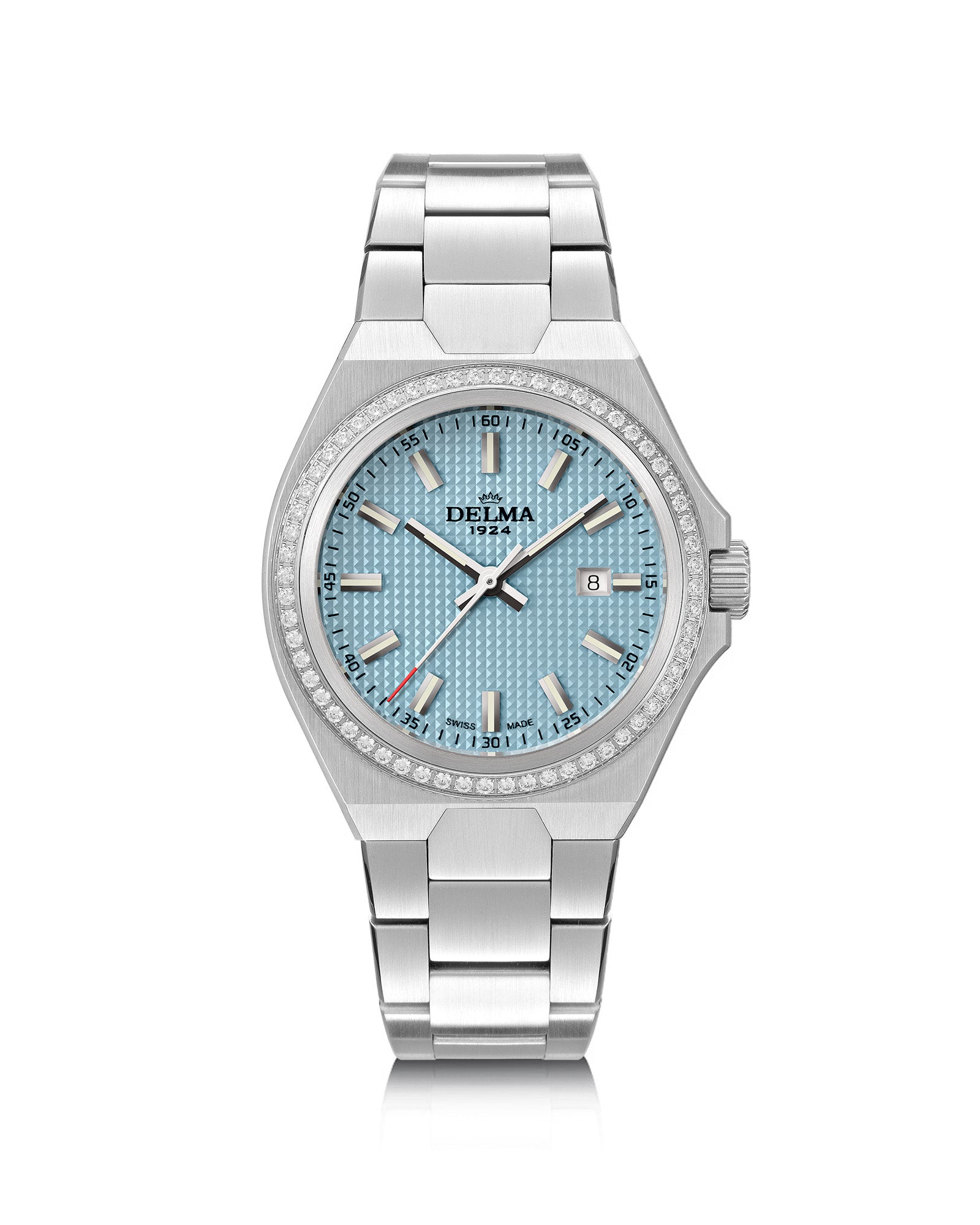 DELMA Midland 34 mm stainless steel watch with light blue dial and diamond bezel