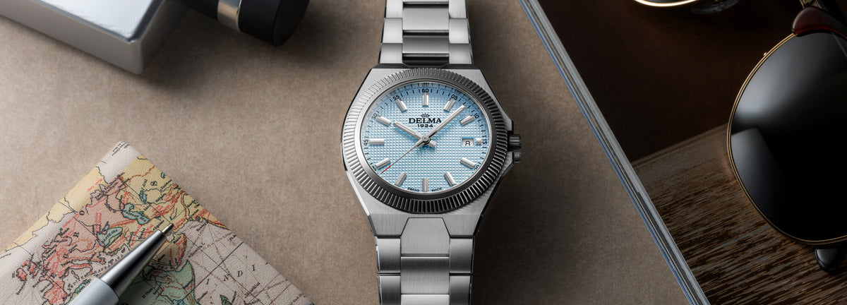 DELMA Midland 40 mm stainless steel watch with light blue dial in context