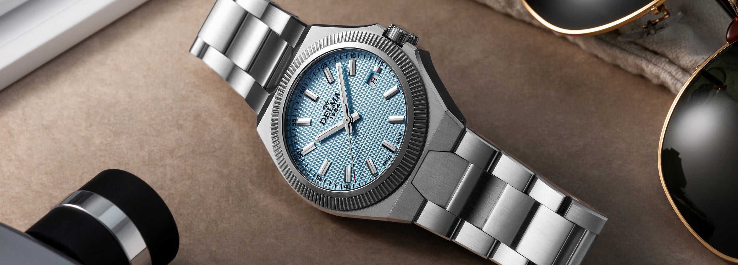 DELMA Midland 40 mm stainless steel watch with light blue dial in context
