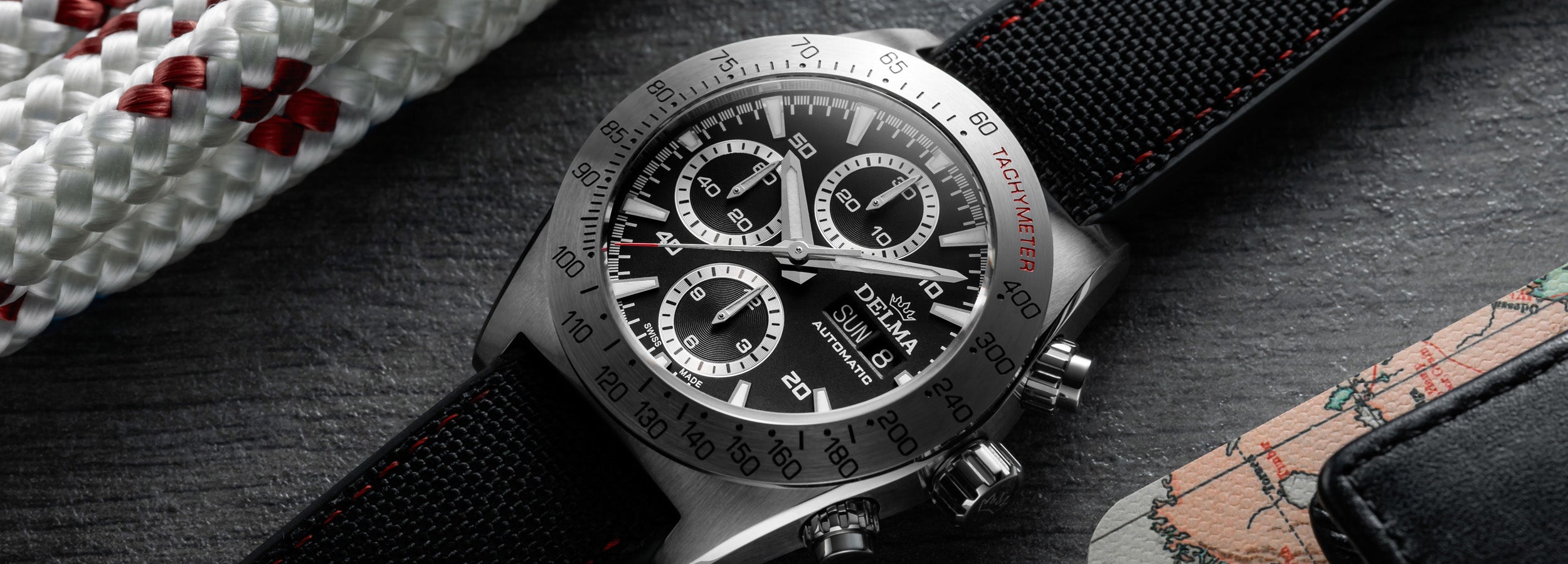DELMA Montego stainless steel watch with black dial and black Cordura strap