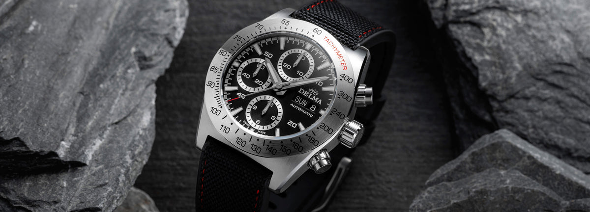 DELMA Montego stainless steel watch with black dial and black Cordura strap in context