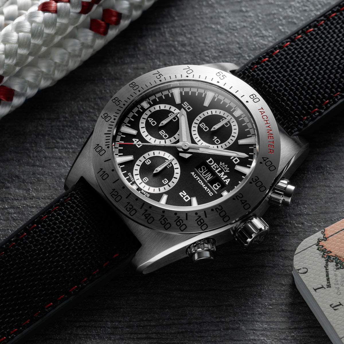 DELMA Montego stainless steel watch with black dial and black Cordura strap