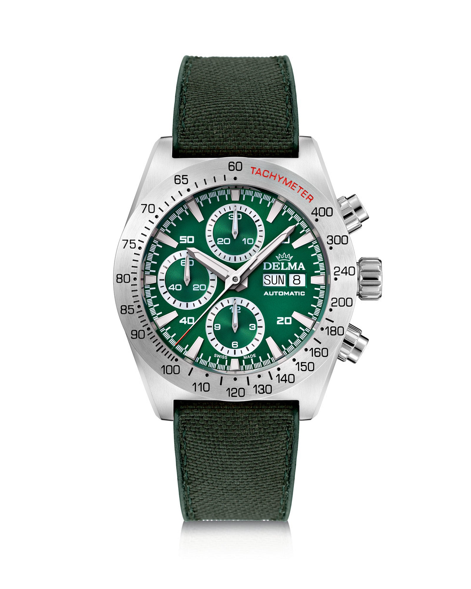 DELMA Montego stainless steel watch with green dial and green Cordura strap