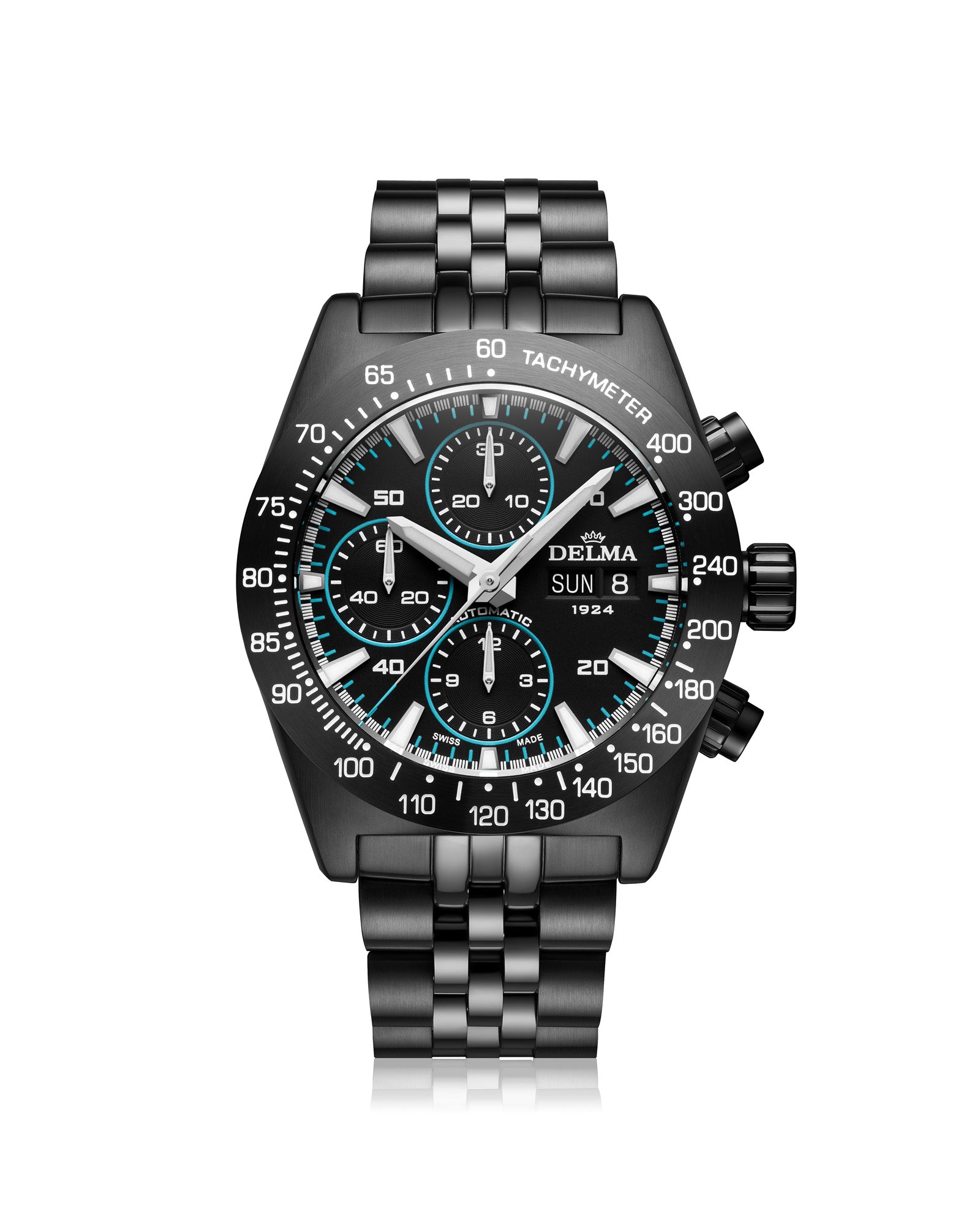 DELMA Montego Black Edition stainless steel watch with black DLC and black dial with blue accents