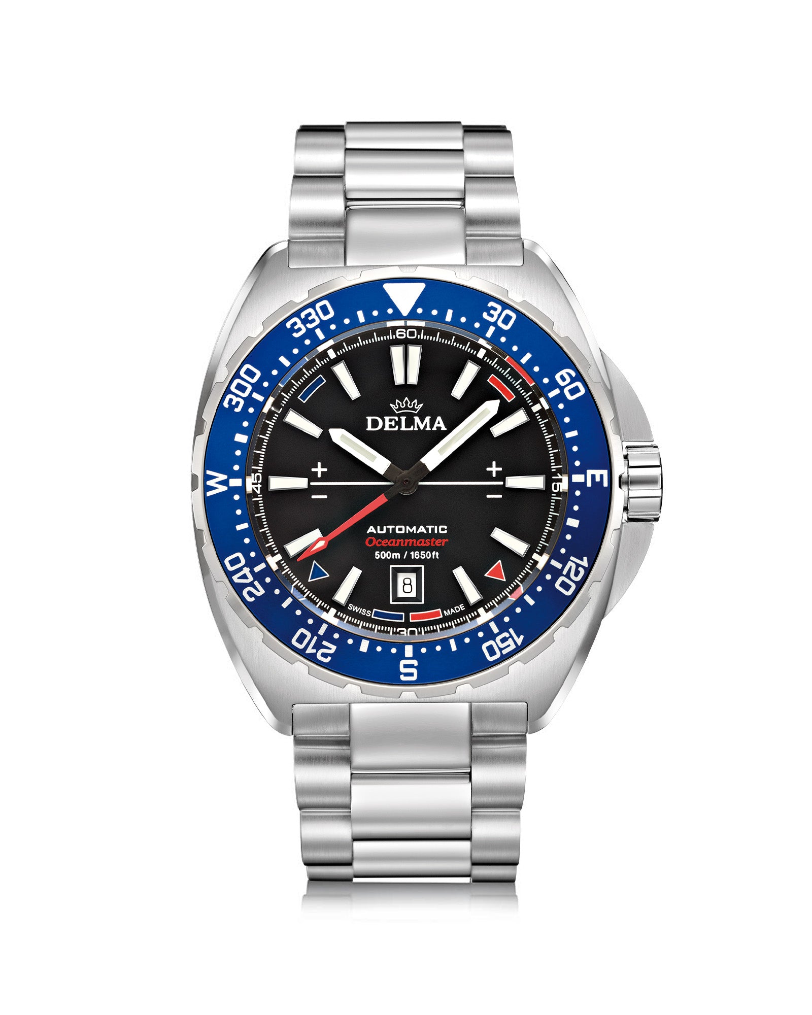 DELMA Oceanmaster Automatic stainless steel watch with black dial and blue bezel