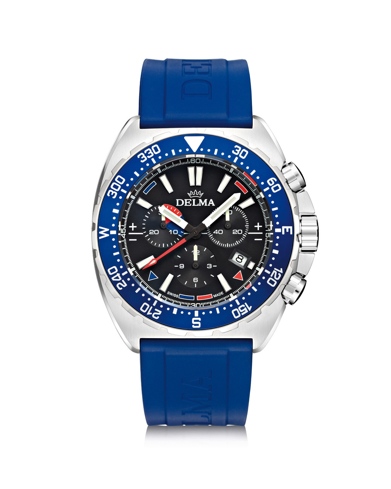 DELMA Oceanmaster stainless steel watch with black dial, blue bezel and blue rubber strap