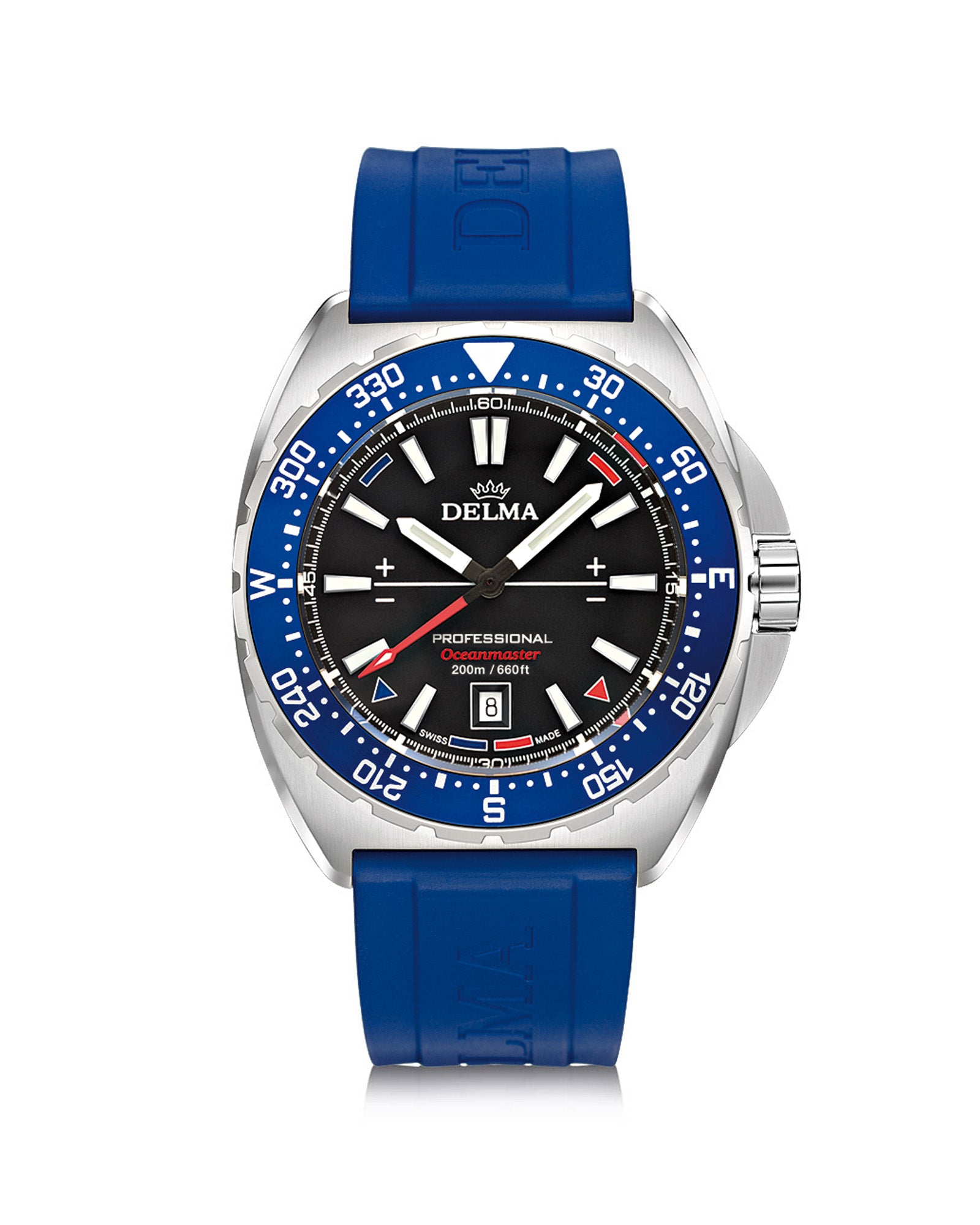 DELMA Oceanmaster stainless steel watch with black dial, blue bezel and blue rubber strap