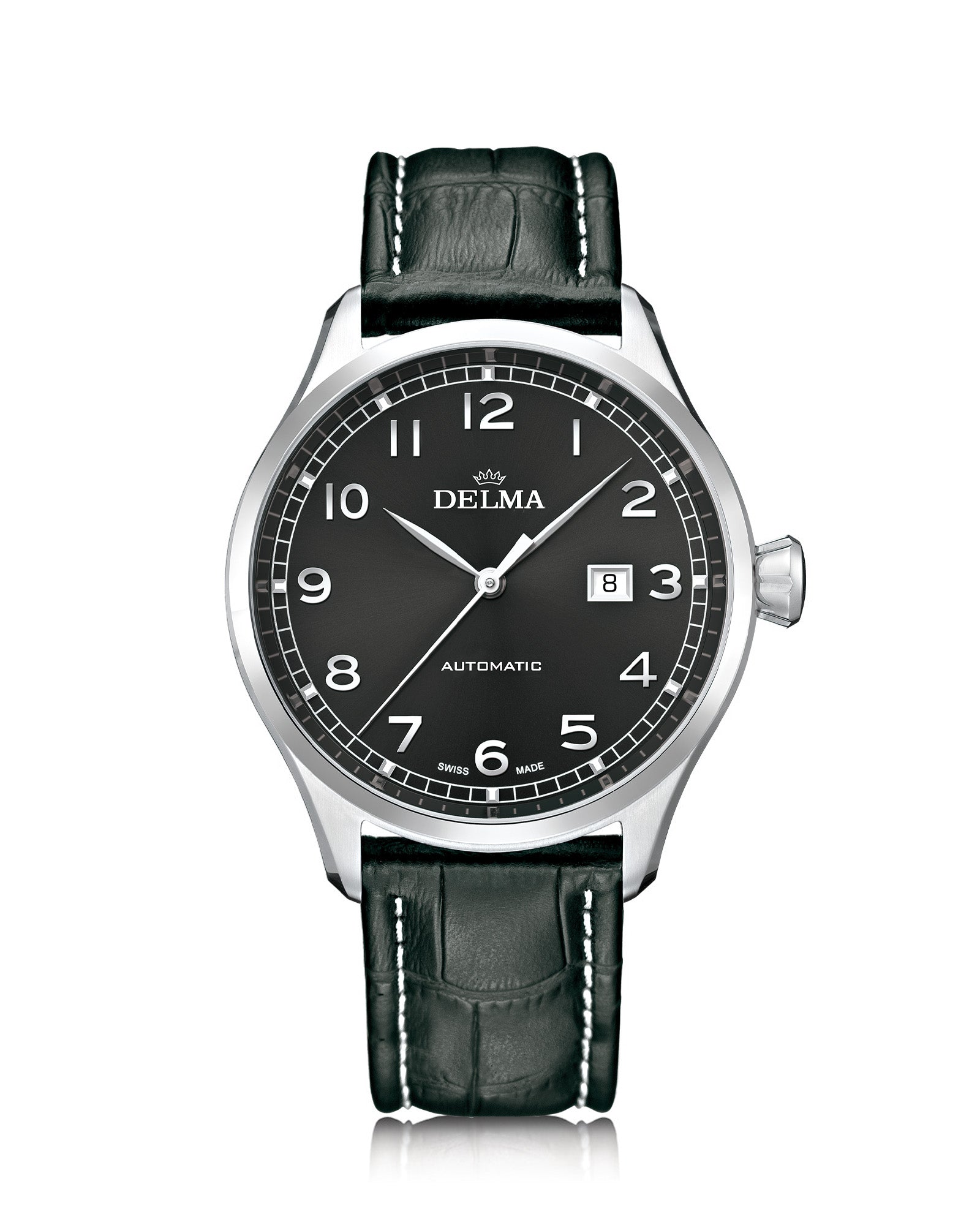 DELMA Pioneer stainless steel watch with black dial and black leather strap