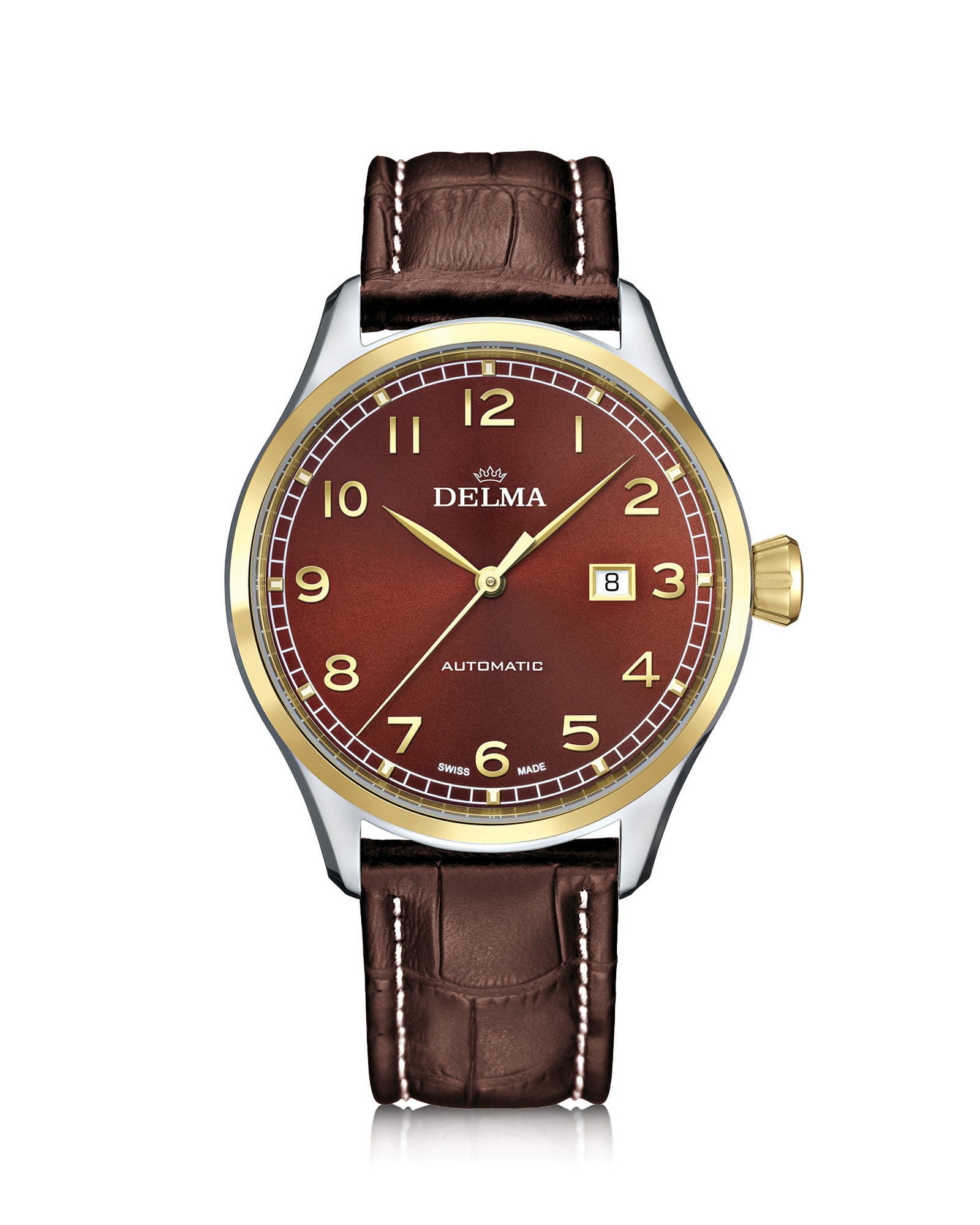 DELMA Pioneer two tone stainless steel and yellow gold PVD watch with brown dial and brown leather strap