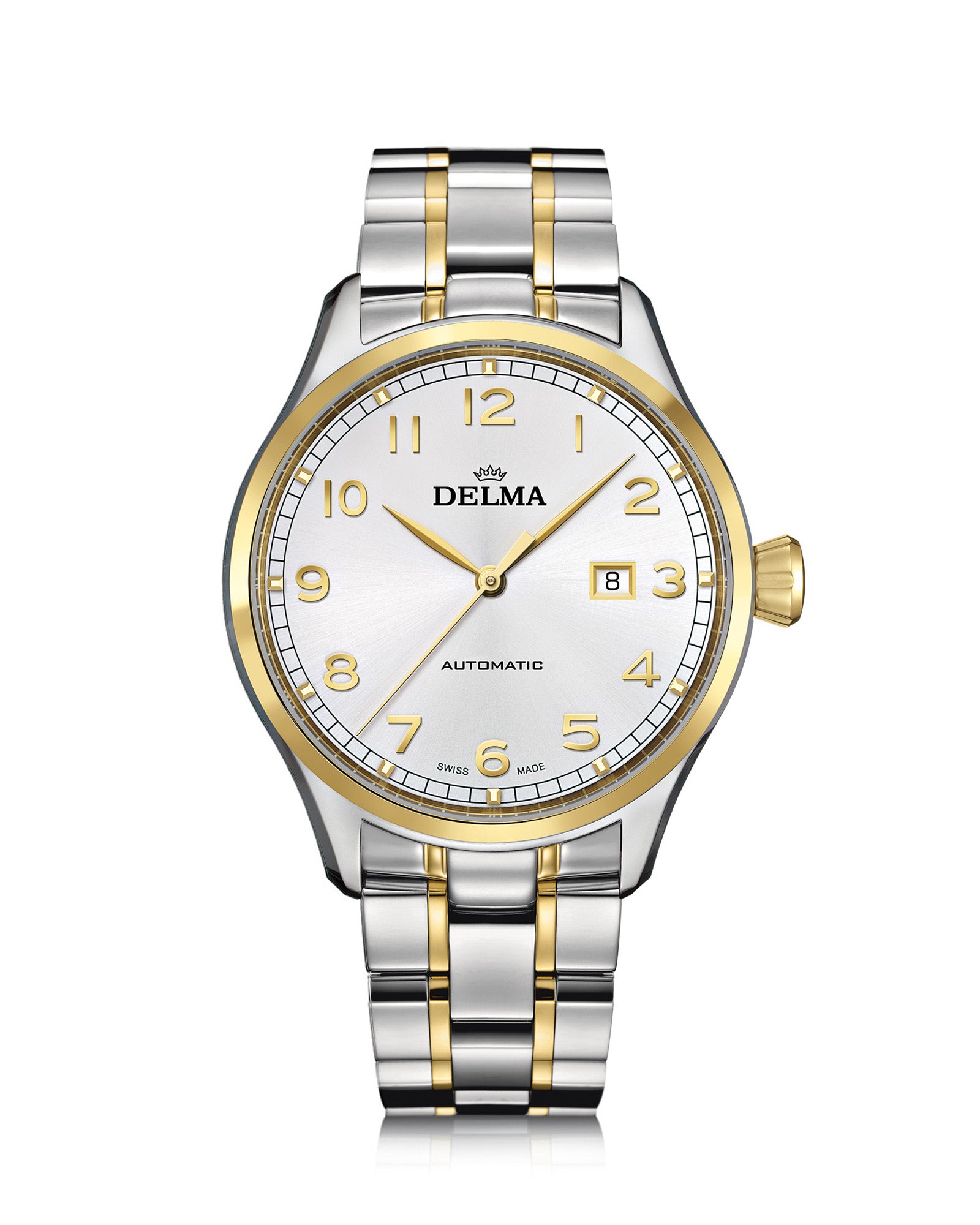 DELMA Pioneer two tone stainless steel and yellow gold PVD watch with silver dial