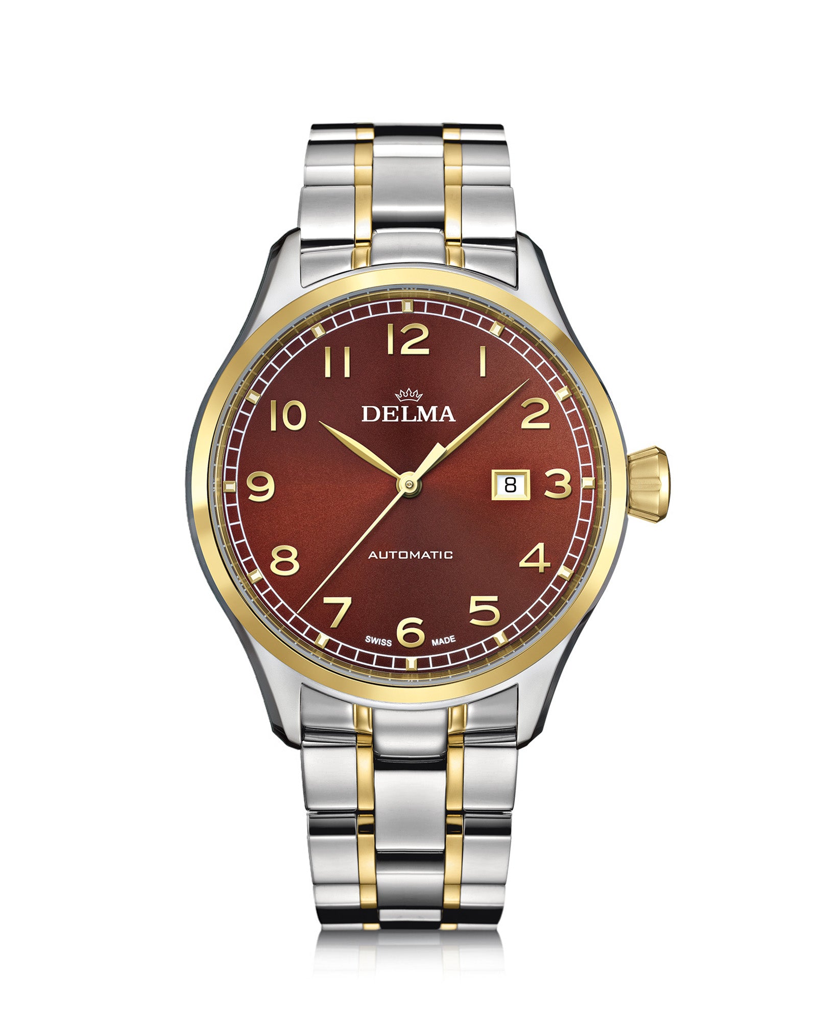 DELMA Pioneer two tone stainless steel and yellow gold PVD watch with brown dial
