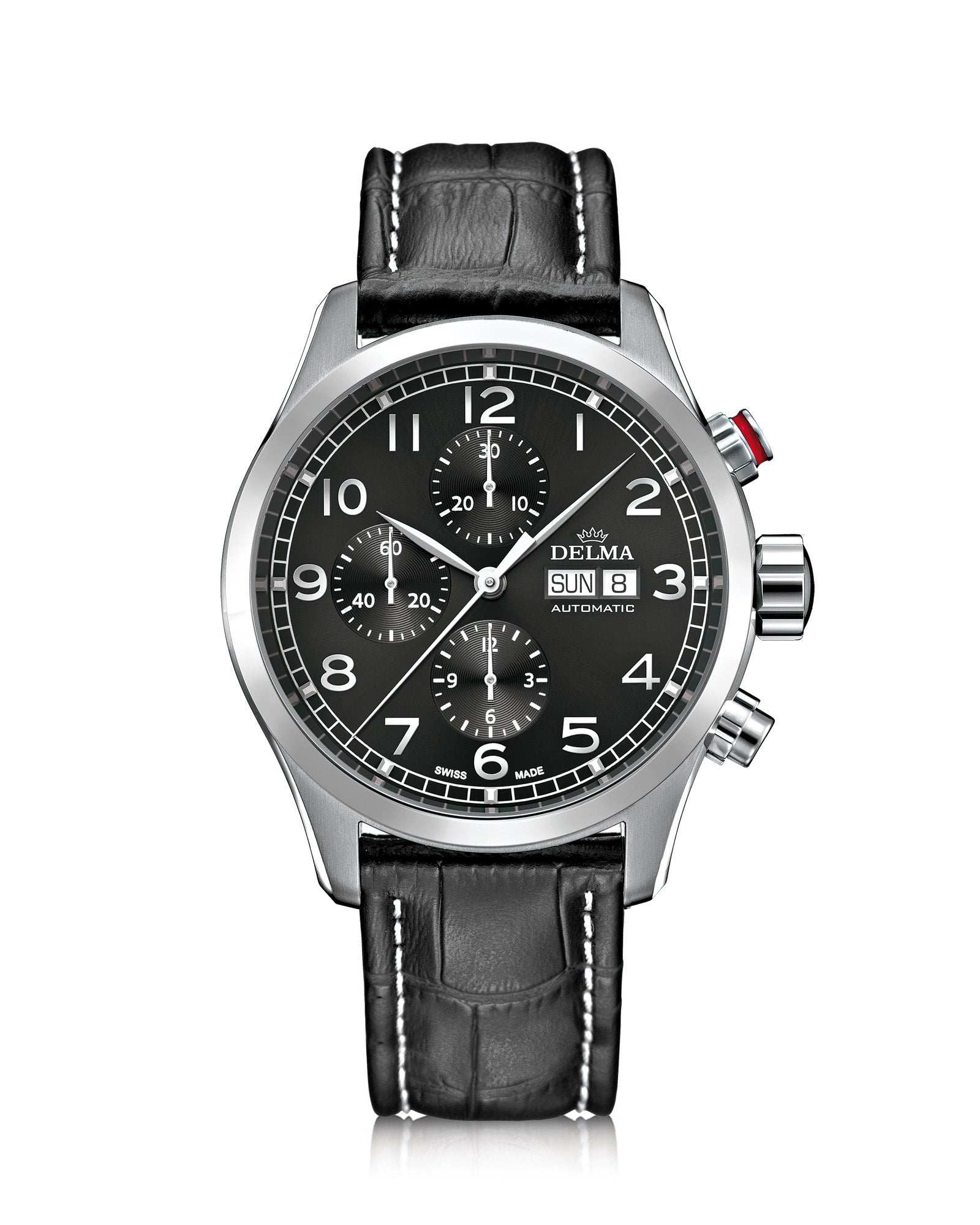 DELMA Pioneer Chronograph stainless steel watch with black dial and black leather strap