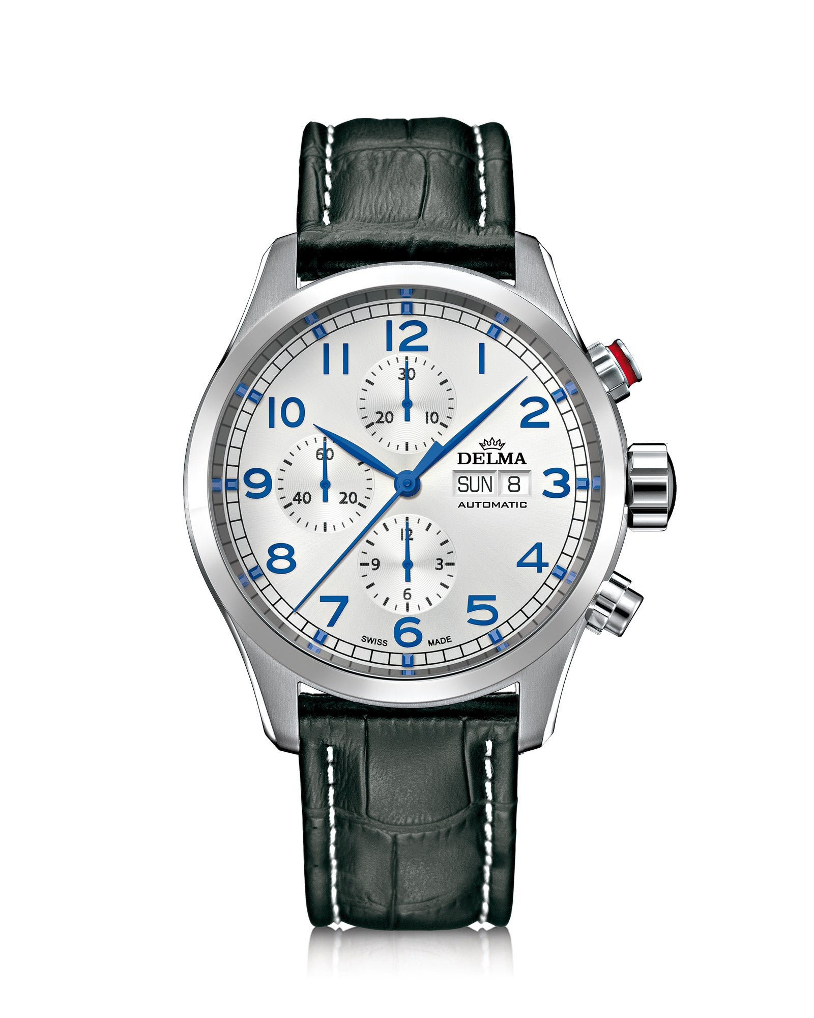 DELMA Pioneer Chronograph stainless steel watch with silver dial and black leather strap