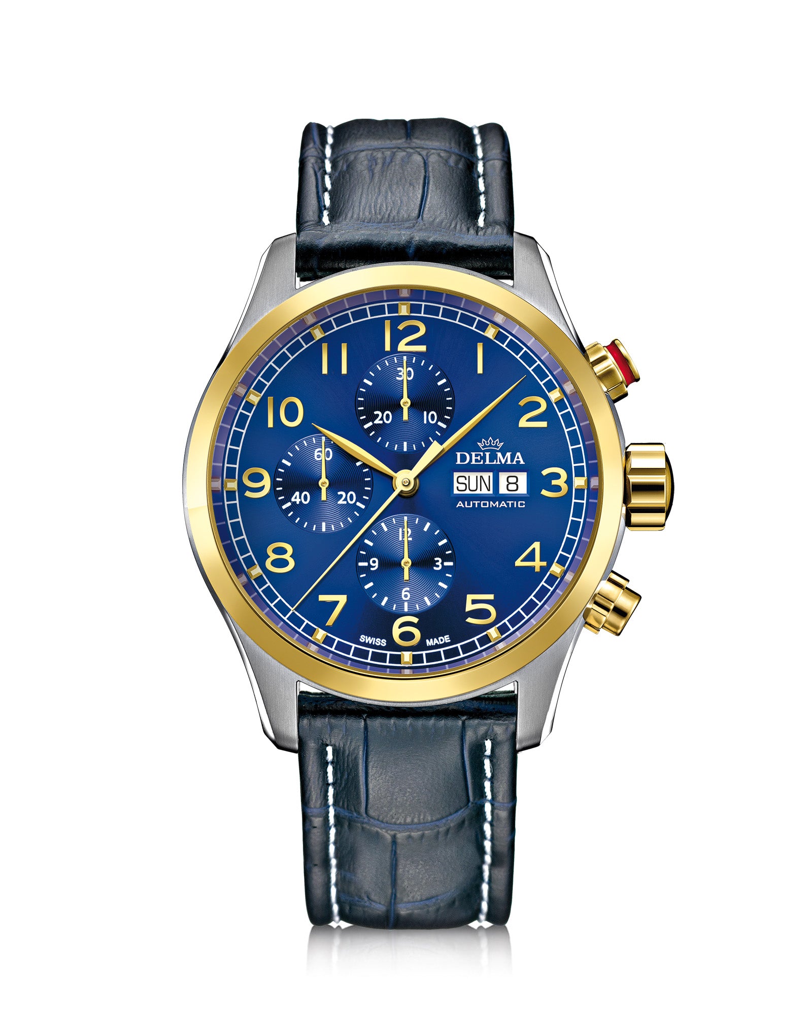 DELMA Pioneer Chronograph two tone stainless steel and yellow gold PVD watch with blue dial and blue leather strap