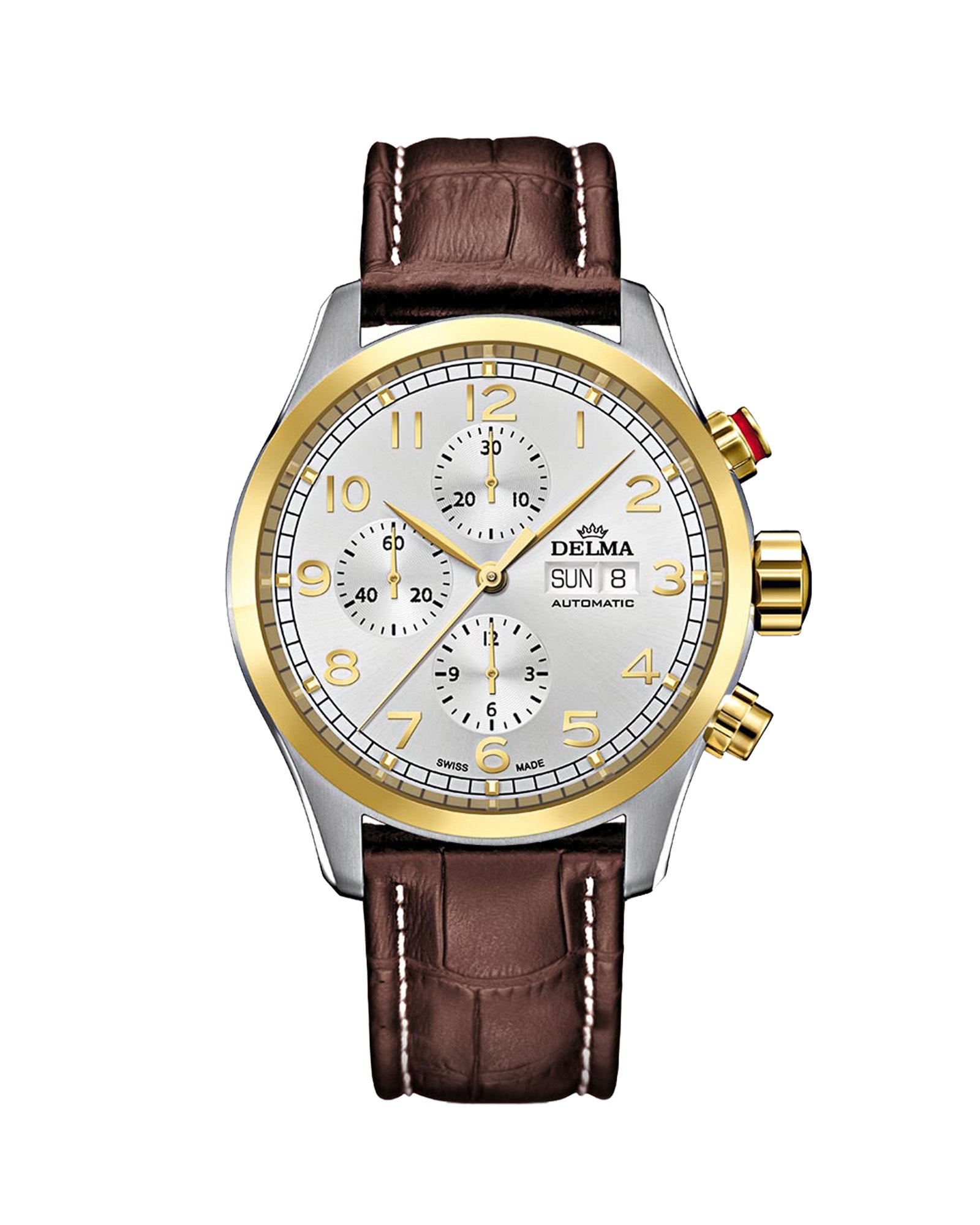 DELMA Pioneer Chronograph two tone stainless steel and yellow gold PVD watch with silver dial and brown leather strap