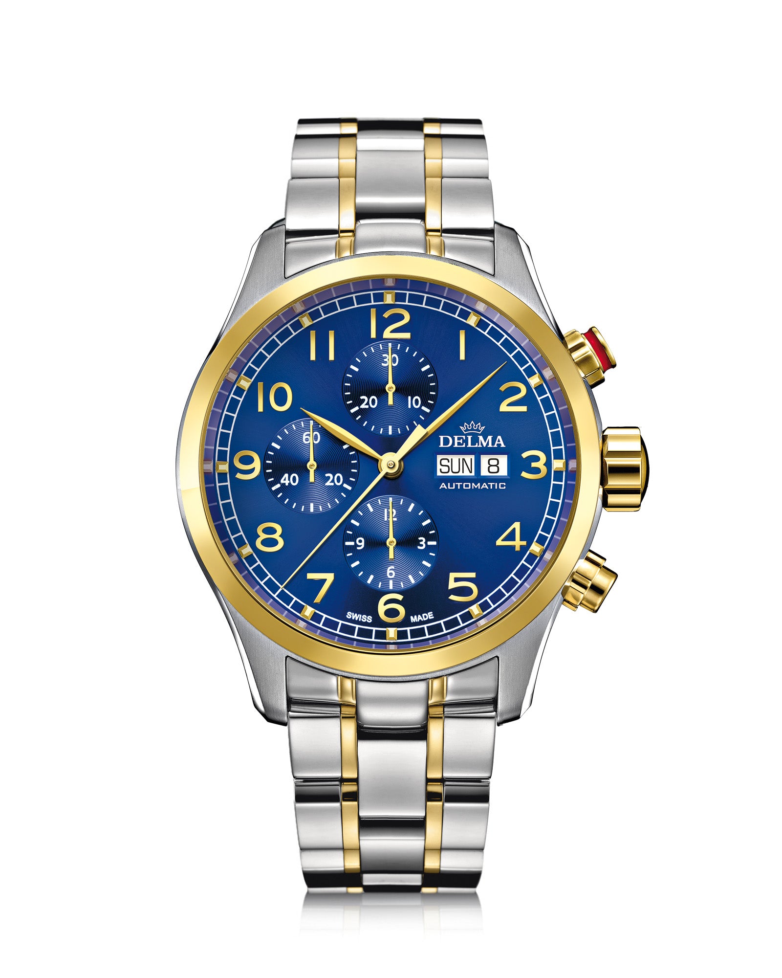 DELMA Pioneer Chronograph two tone stainless steel and yellow gold PVD watch with blue dial