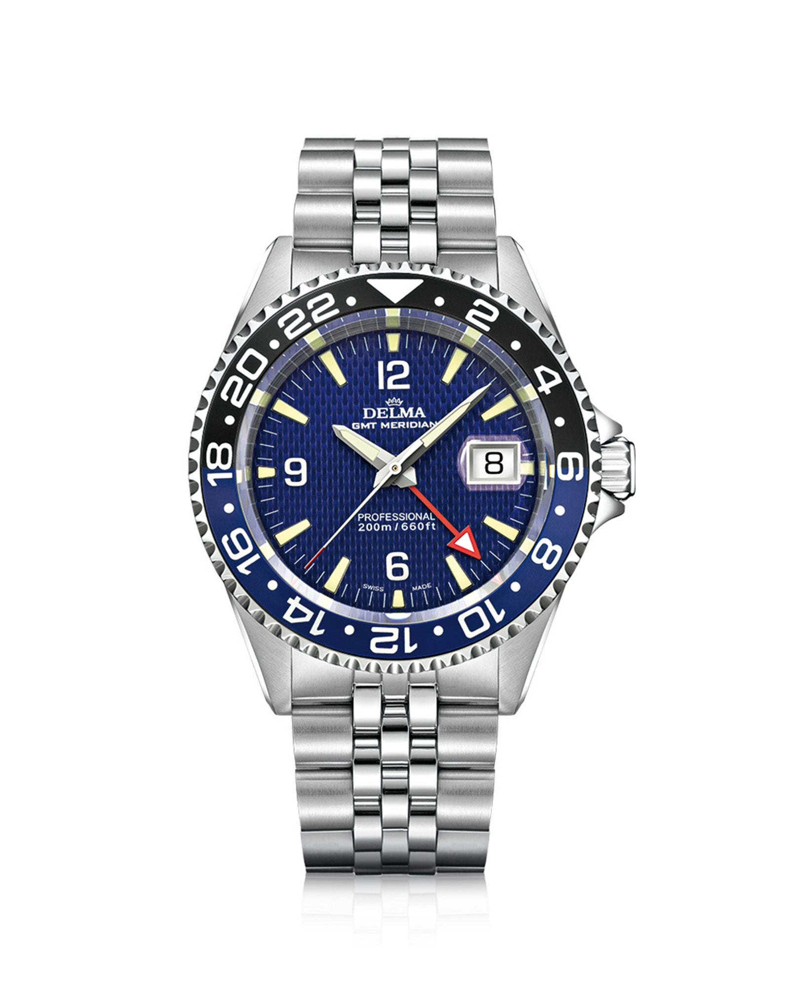 DELMA Santiago GMT Meridian stainless steel watch with blue dial and black and blue bezel