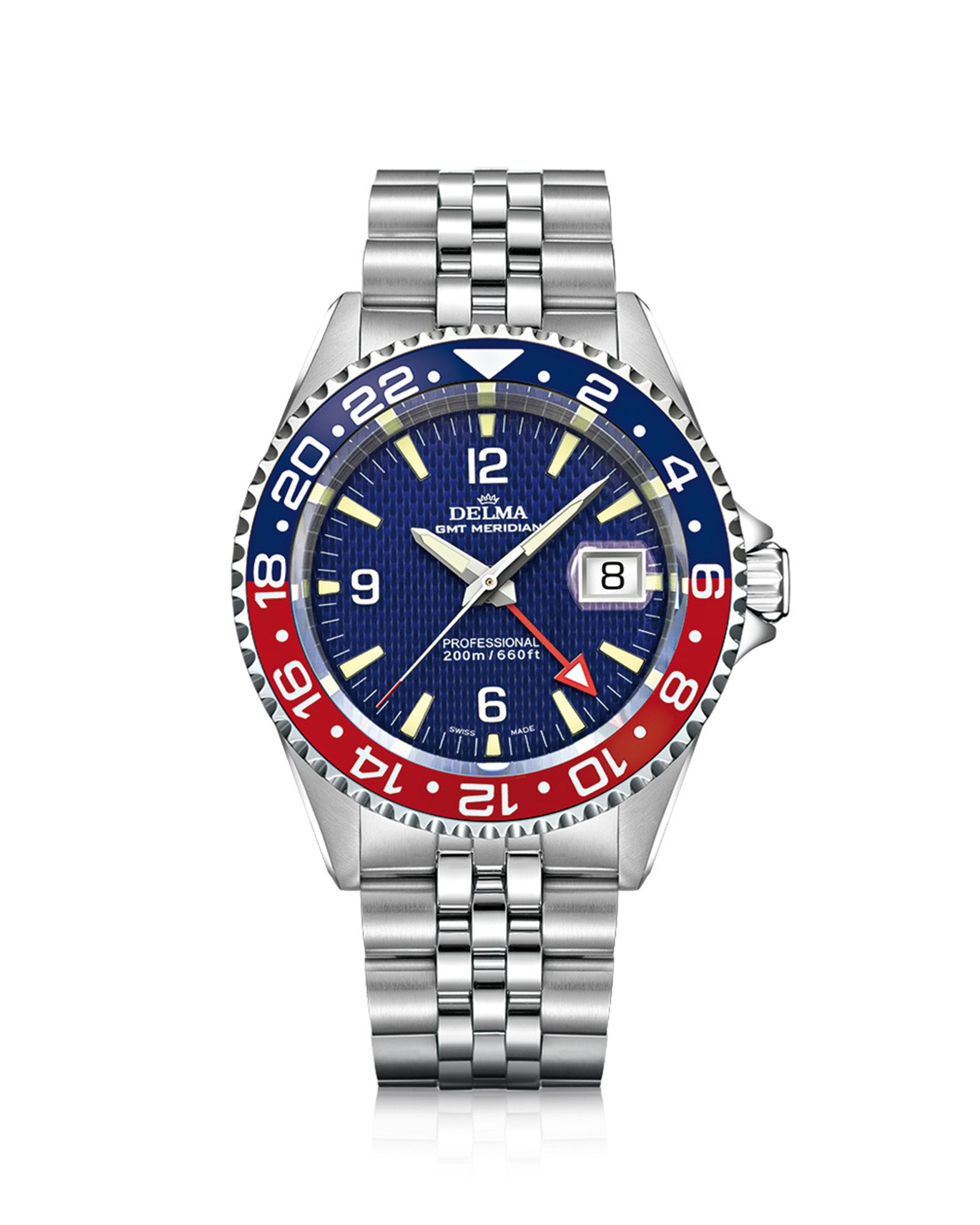 DELMA Santiago GMT Meridian stainless steel watch with blue dial and blue and red bezel