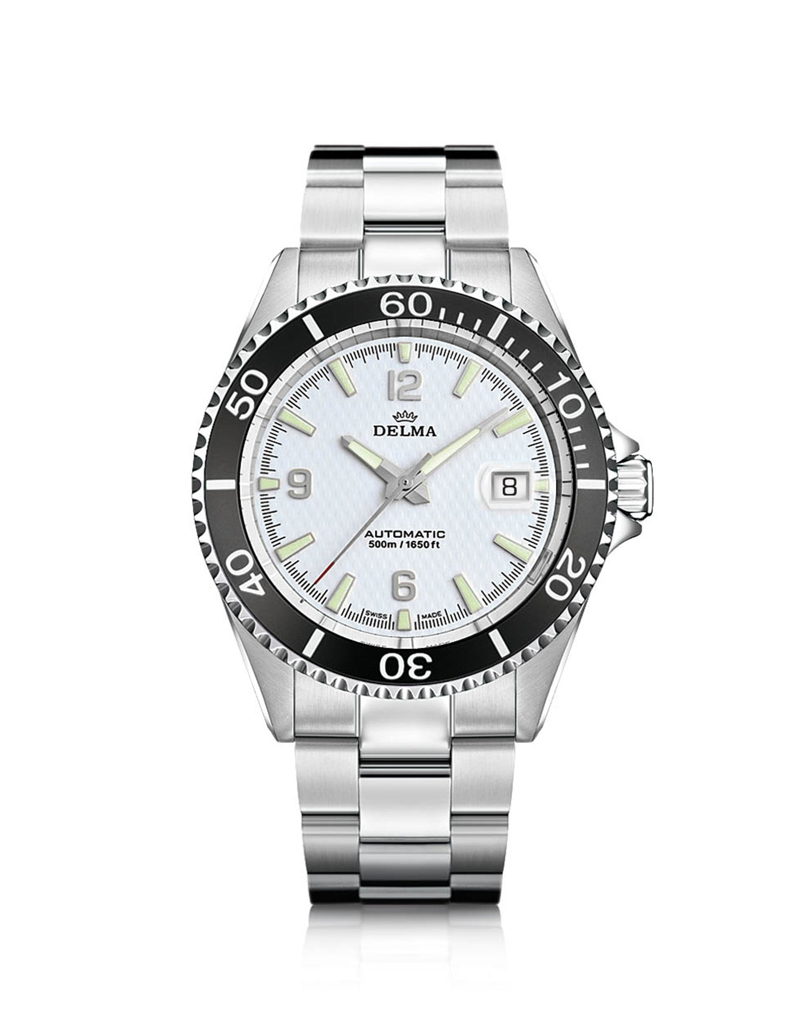 DELMA Santiago Automatic stainless steel watch with white dial and black bezel