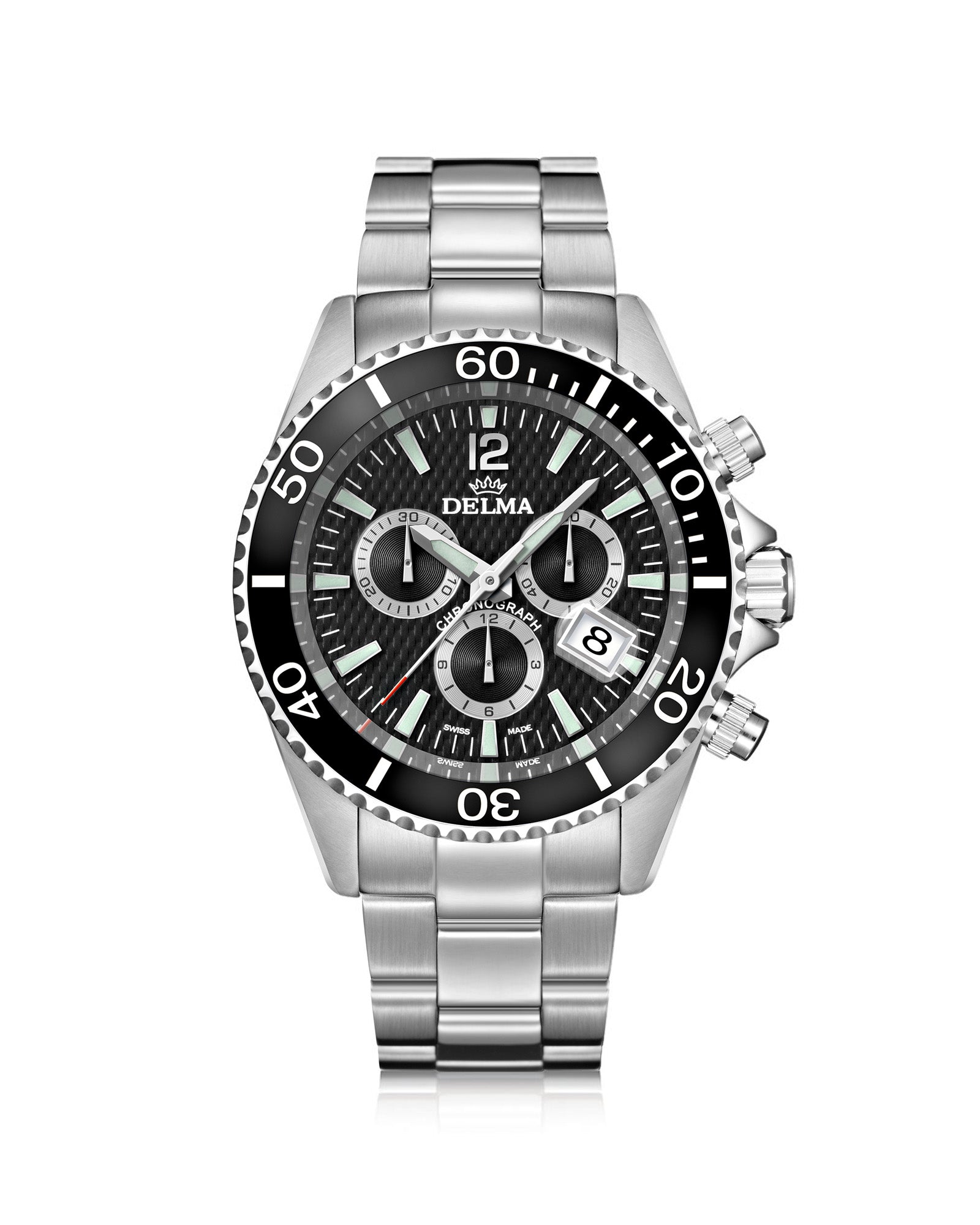 DELMA Santiago Chronograph stainless steel watch with black dial and black bezel