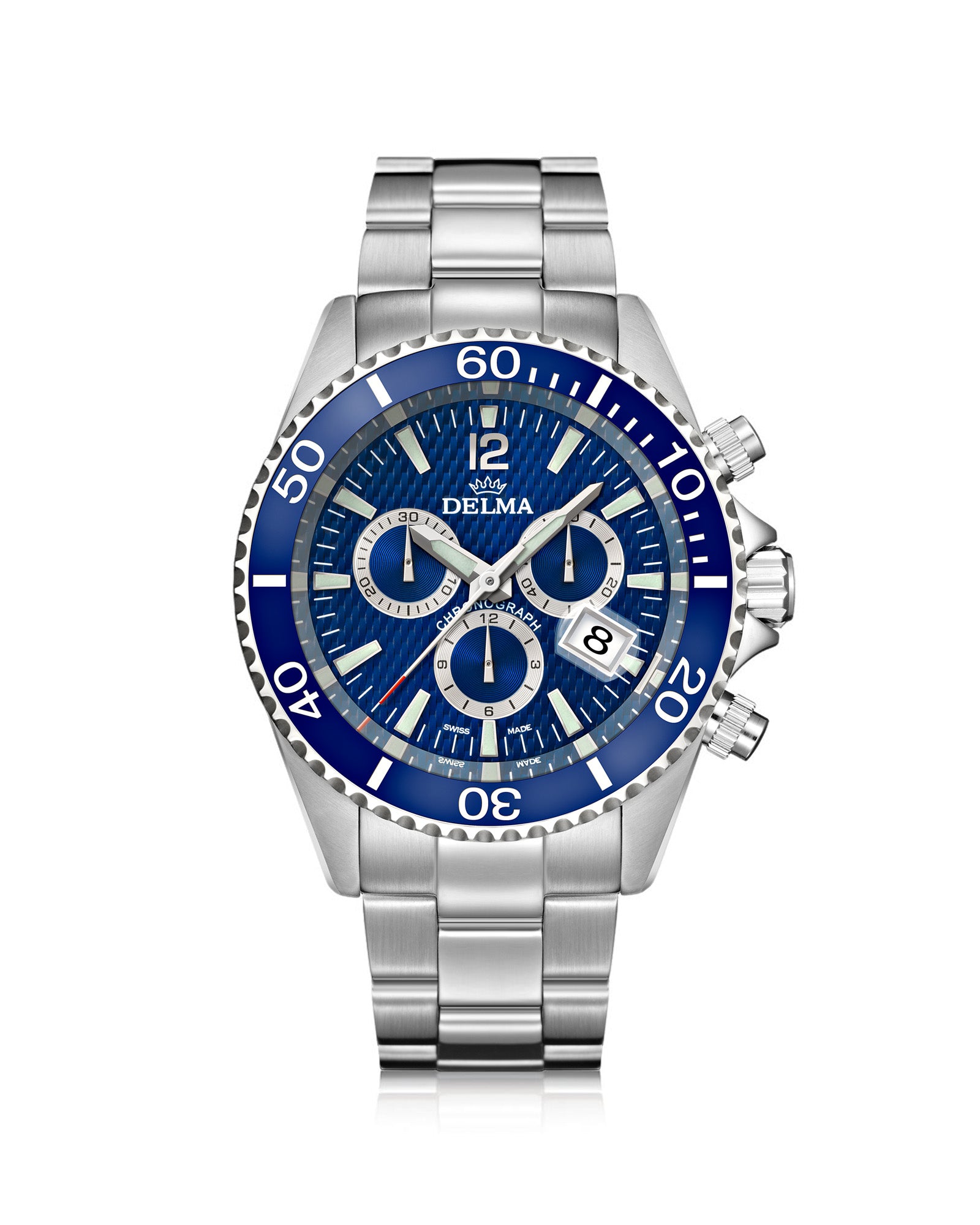 DELMA Santiago Chronograph stainless steel watch with blue dial and blue bezel