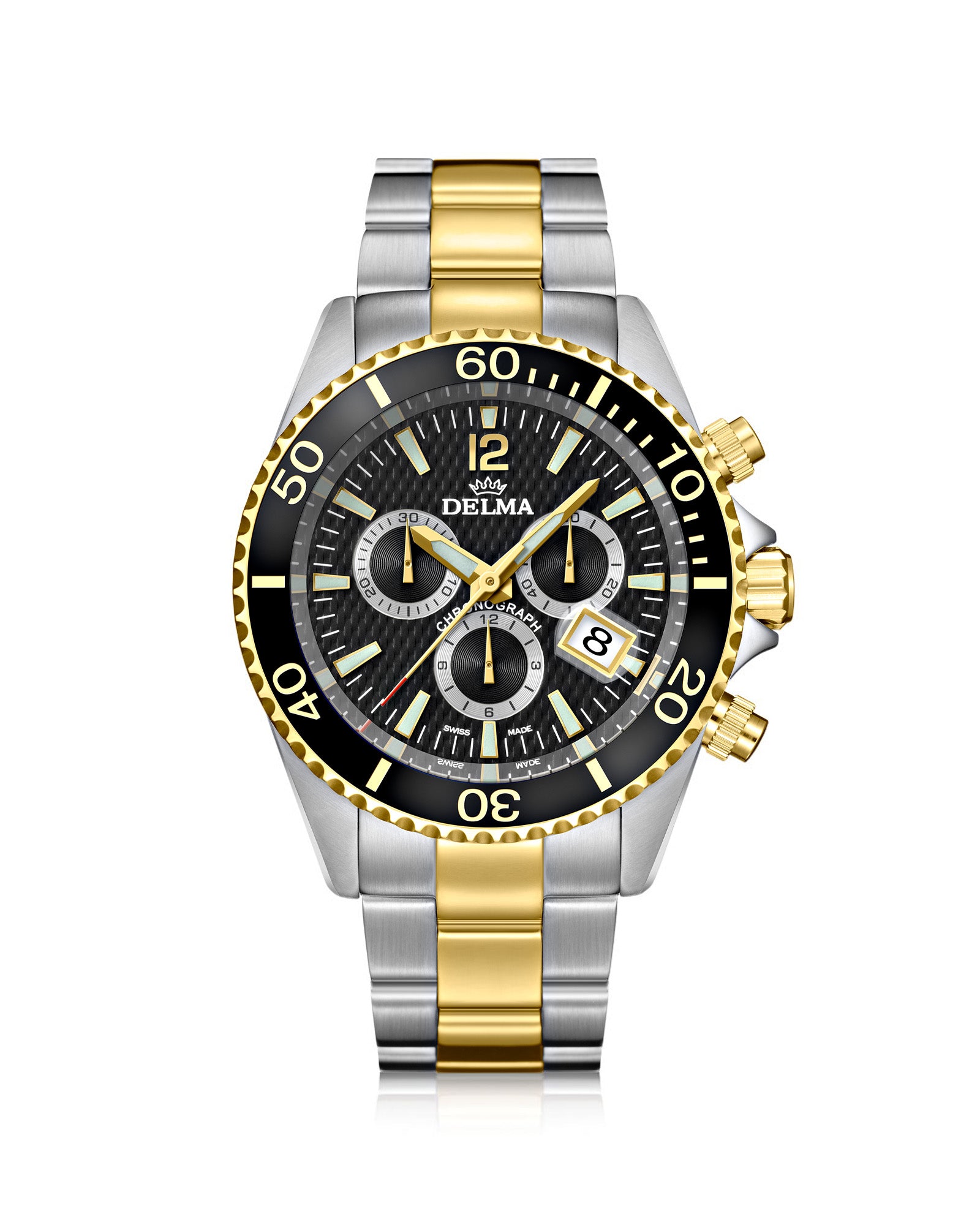 DELMA Santiago Chronograph two tone stainless steel and yellow gold PVD watch with black dial and black bezel
