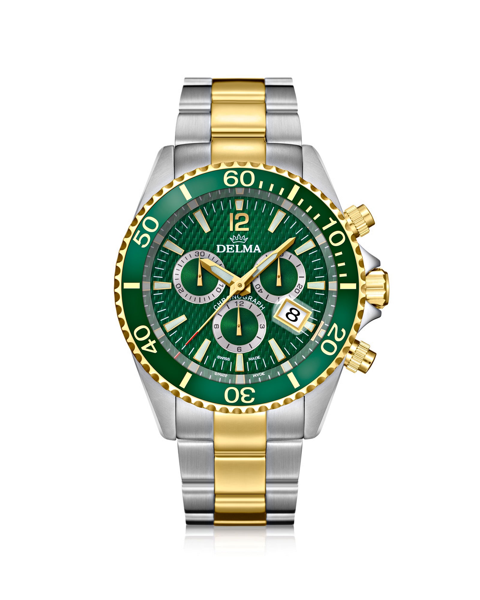 DELMA Santiago Chronograph two tone stainless steel and yellow gold PVD watch with green dial and green bezel
