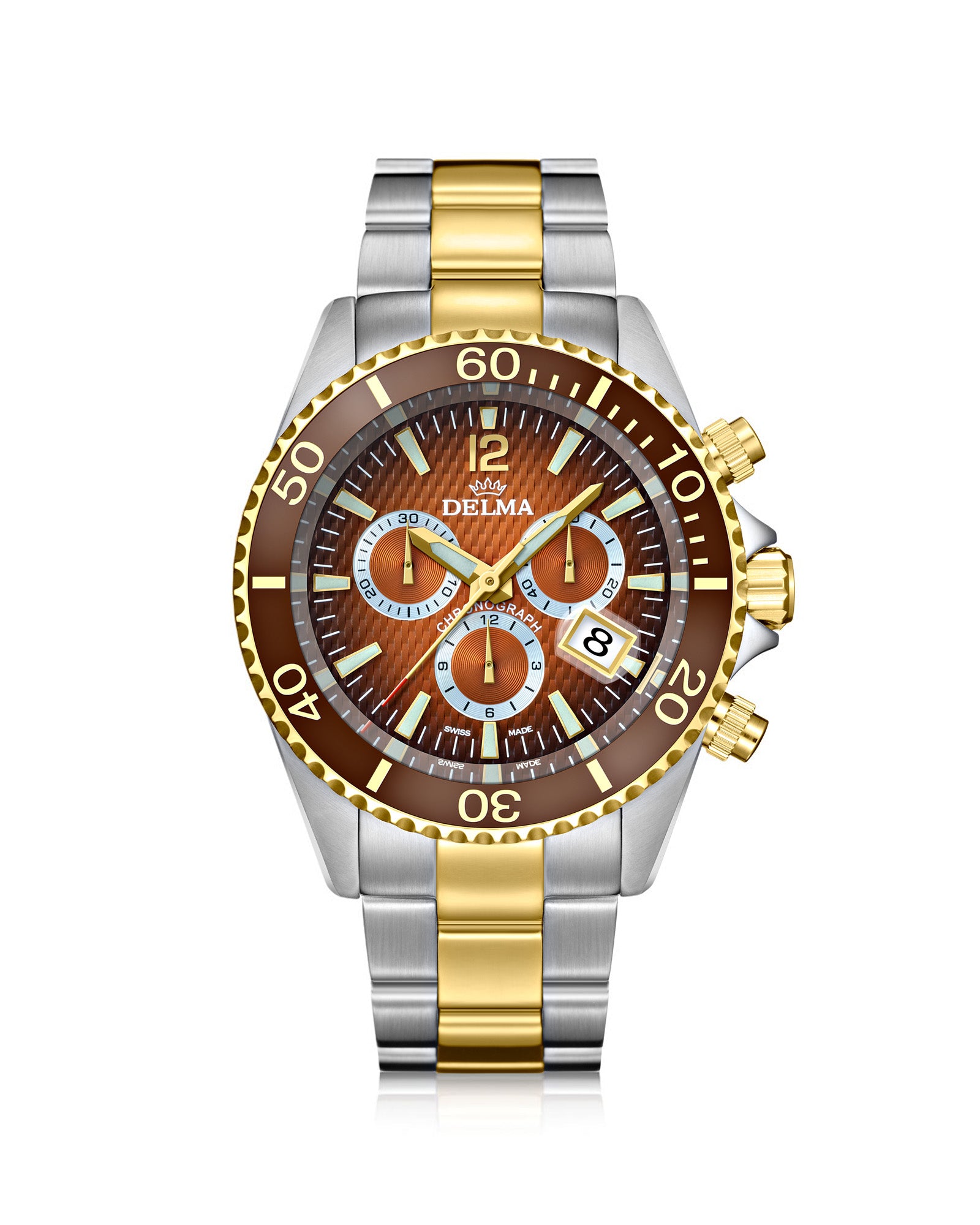 DELMA Santiago Chronograph two tone stainless steel and yellow gold PVD watch with brown dial and brown bezel