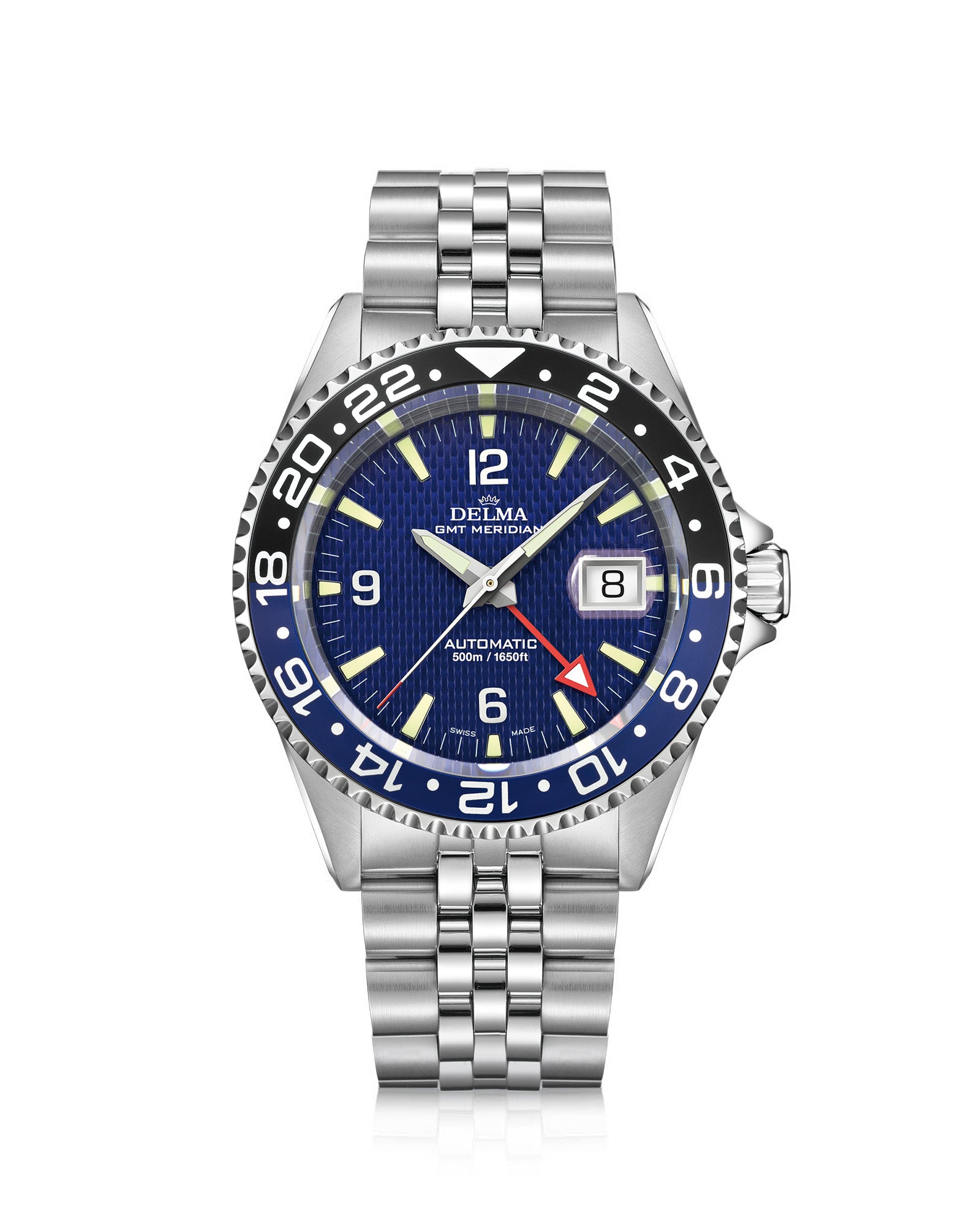 DELMA Santiago GMT Meridian Automatic stainless steel watch with blue dial and black and blue bezel