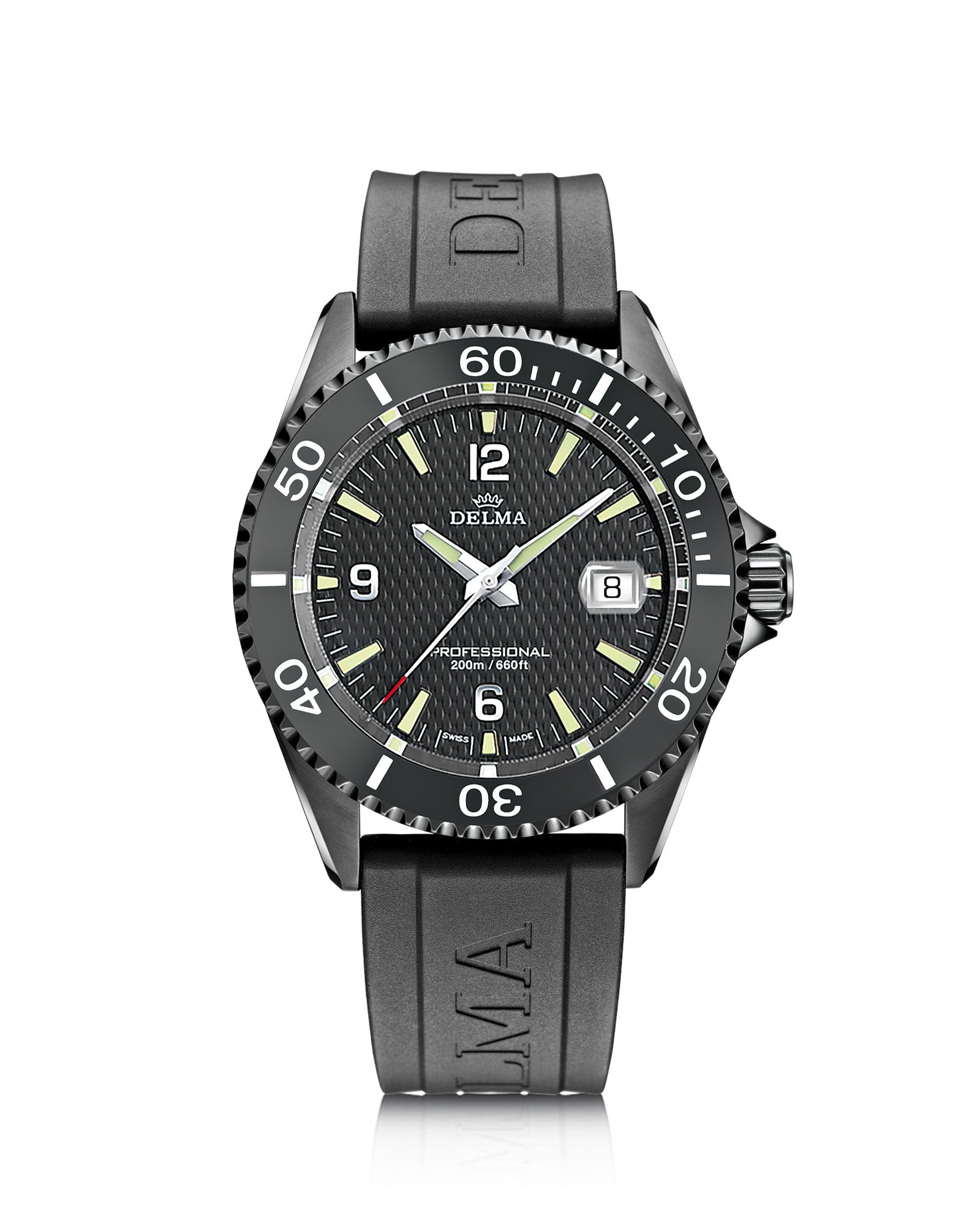 DELMA Santiago stainless steel and black PVD watch with black dial, black bezel and black rubber strap