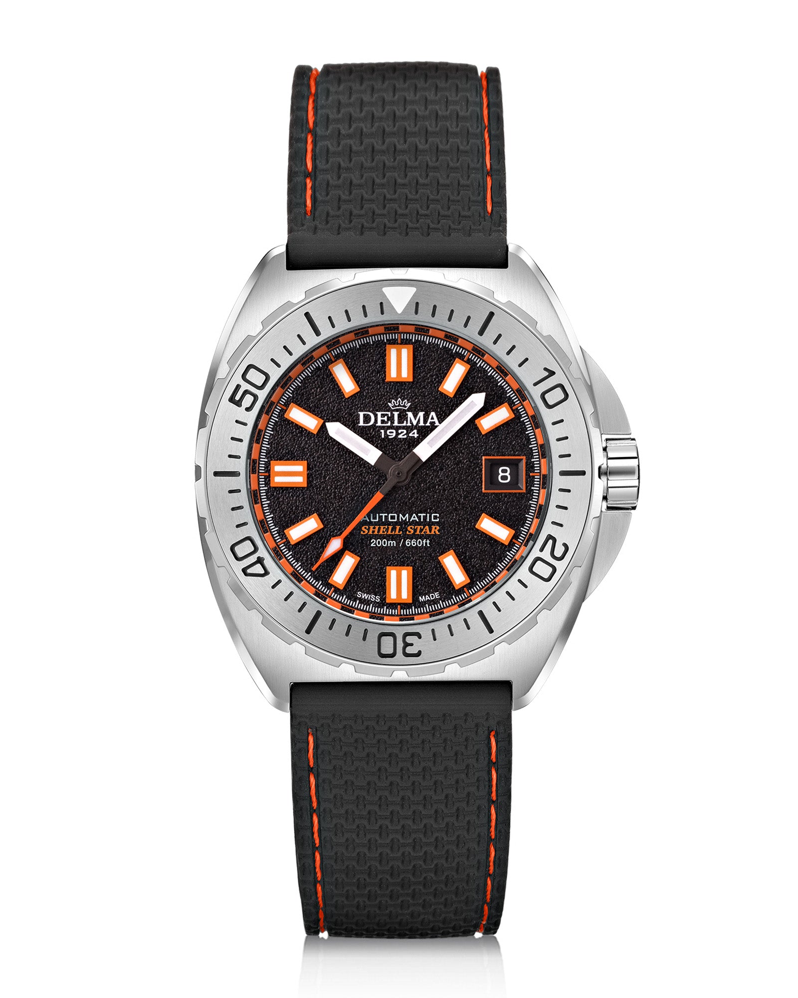 DELMA Shell Star 41 mm Automatic stainless steel watch with black dial and black rubber strap
