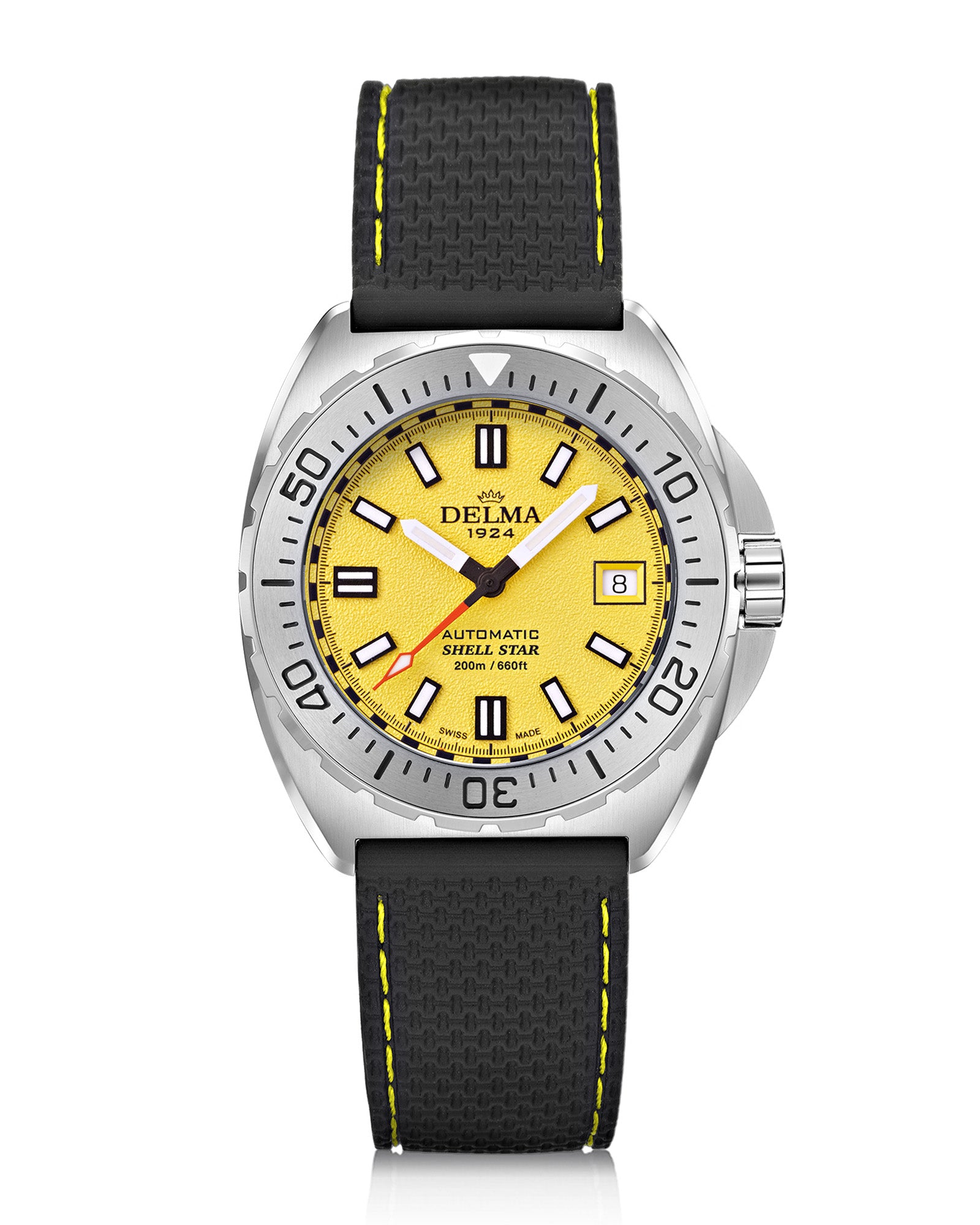 DELMA Shell Star 41 mm Automatic stainless steel watch with yellow dial and black rubber strap