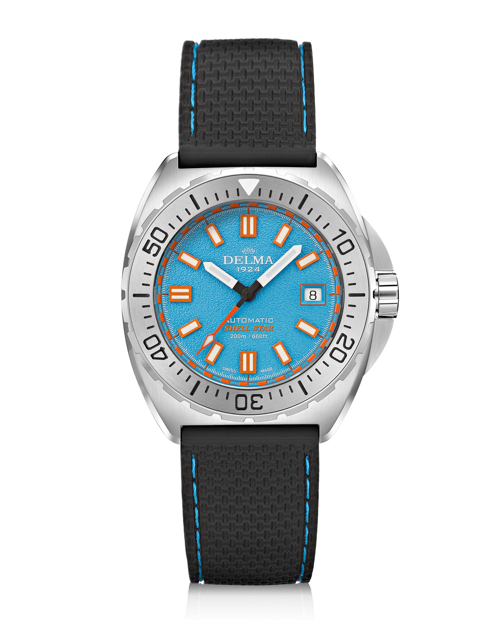DELMA Shell Star 41 mm Automatic stainless steel watch with blue dial and black rubber strap