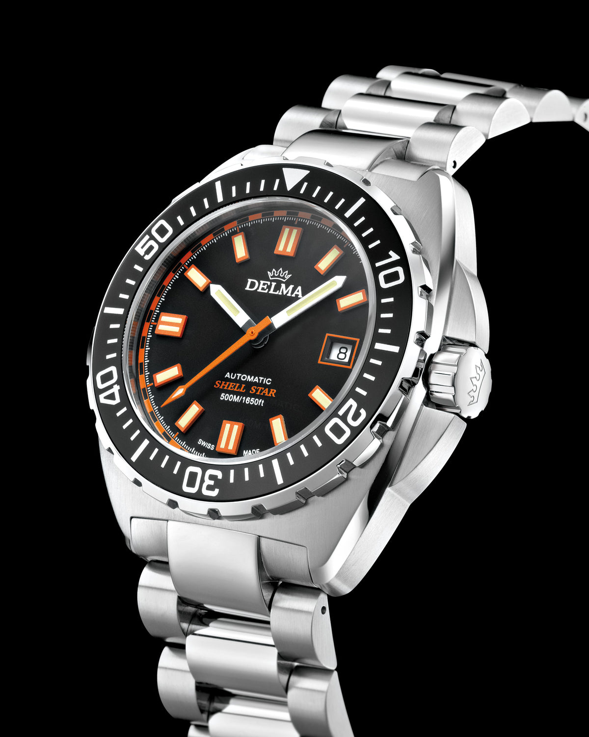 DELMA Shell Star Automatic stainless steel watch with black dial and black bezel side