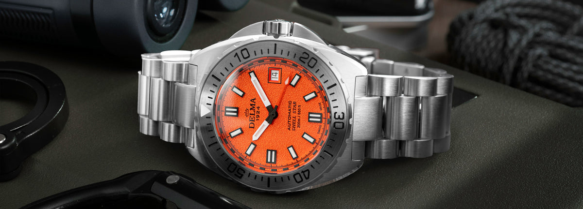 DELMA Shell Star 41 mm automatic stainless steel watch with orange dial