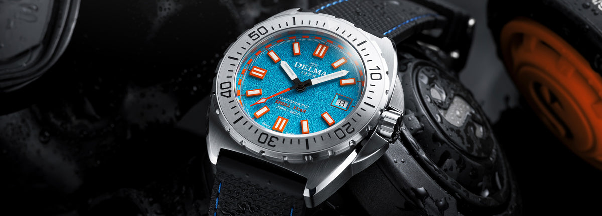 DELMA Shell Star 41 mm automatic stainless steel watch with blue dial and black rubber strap in context