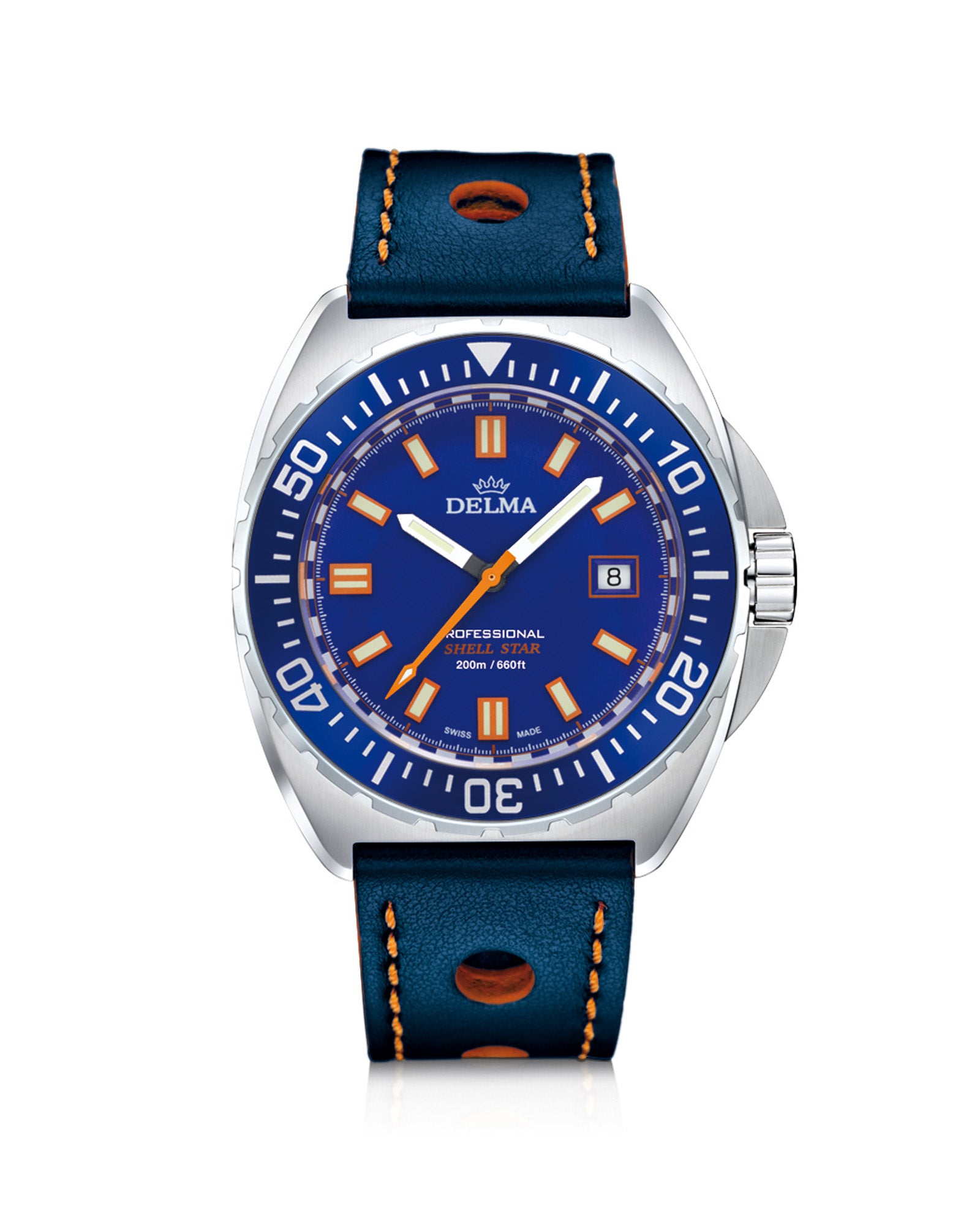 DELMA Shell Star stainless steel watch with blue dial and bezel and blue leather strap