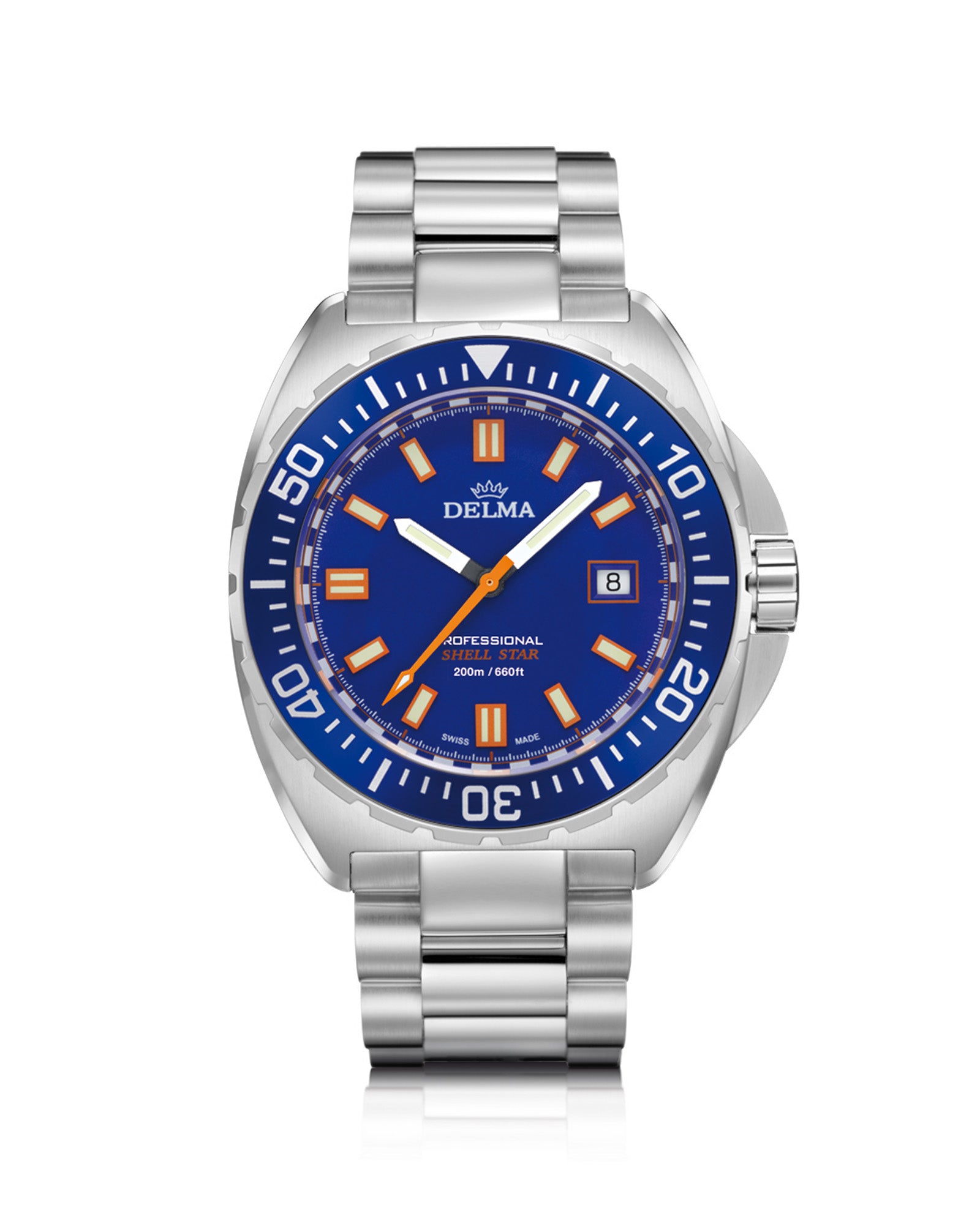 DELMA Shell Star stainless steel watch with blue dial and blue bezel