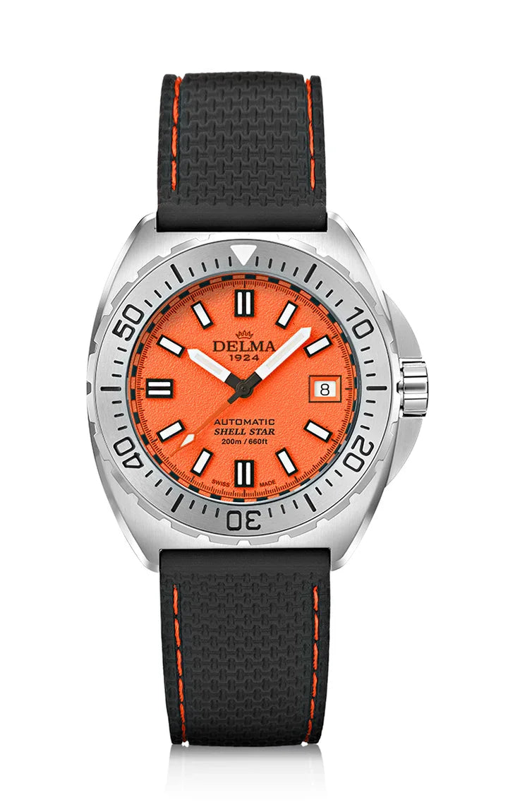 Delma Shell Star 41mm automatic orange dial black rubber strap