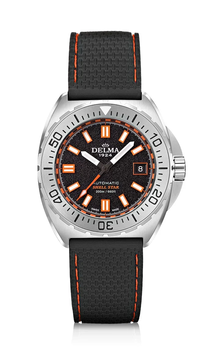 Delma Shell Star 41mm automatic black dial black rubber strap