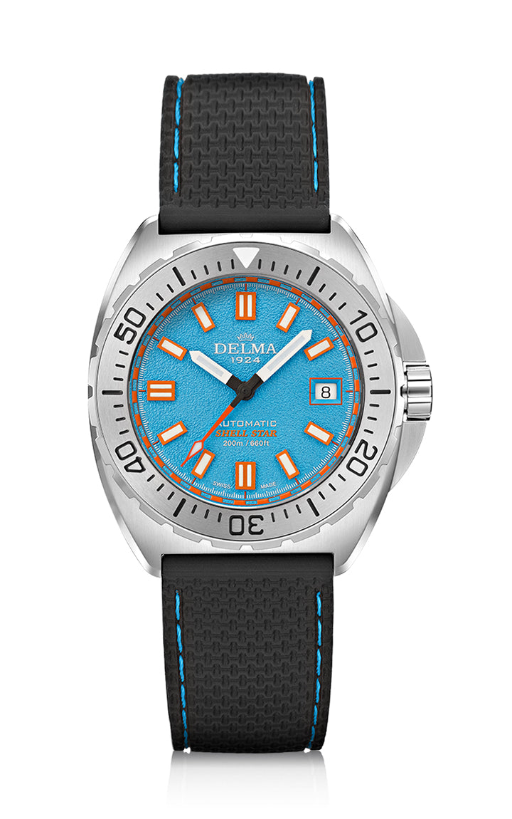 Delma Shell Star 41mm automatic blue dial black rubber strap