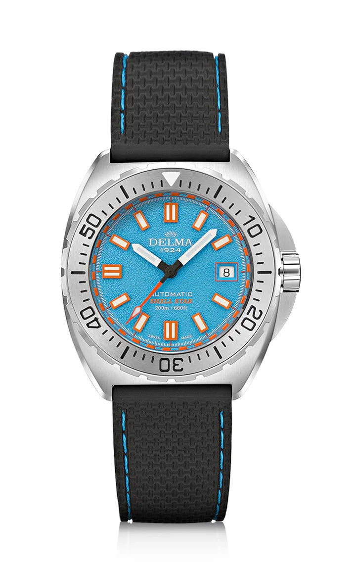 Delma Shell Star 41mm automatic blue dial black rubber strap