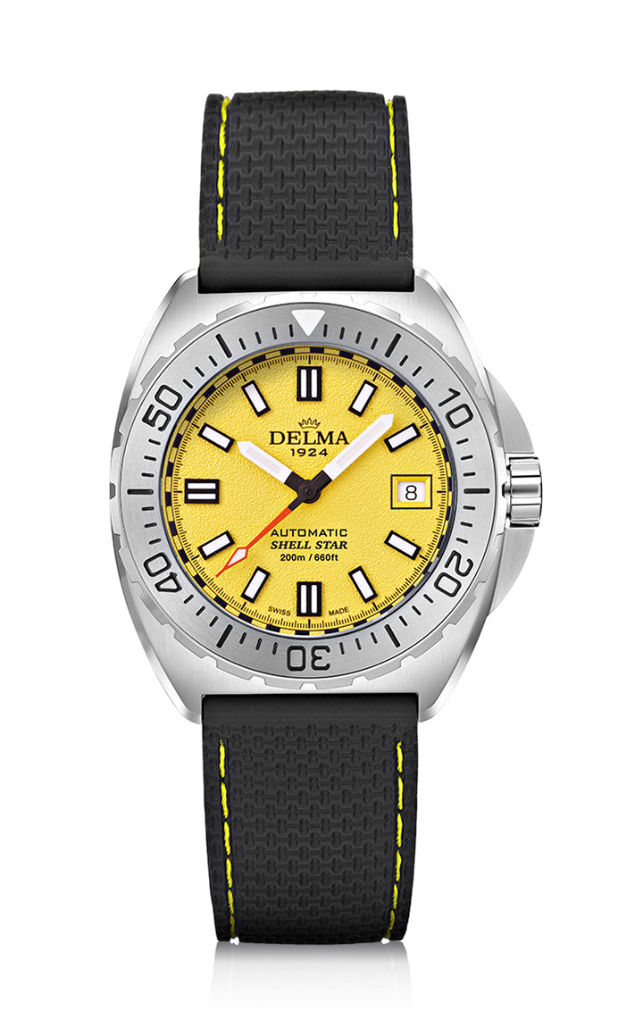 Delma Shell Star 41mm automatic yellow dial black rubber strap