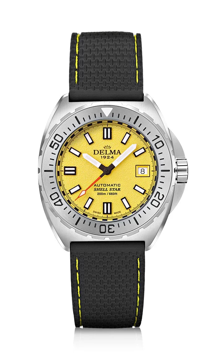 Delma Shell Star 41mm automatic yellow dial black rubber strap