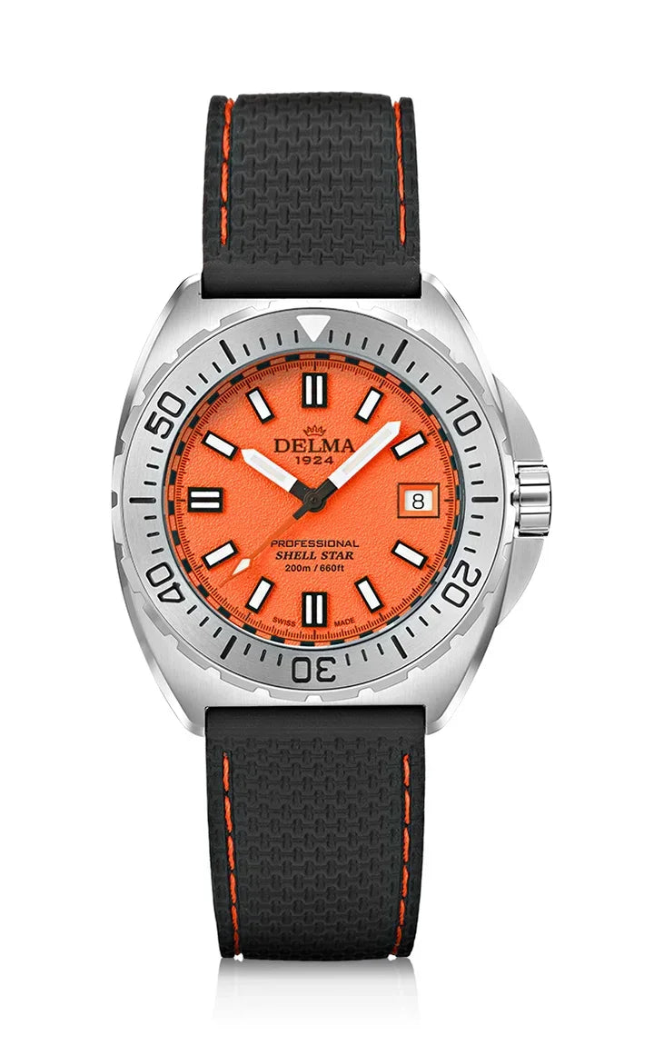 Delma Shell Star 41mm quartz orange dial black rubber strap